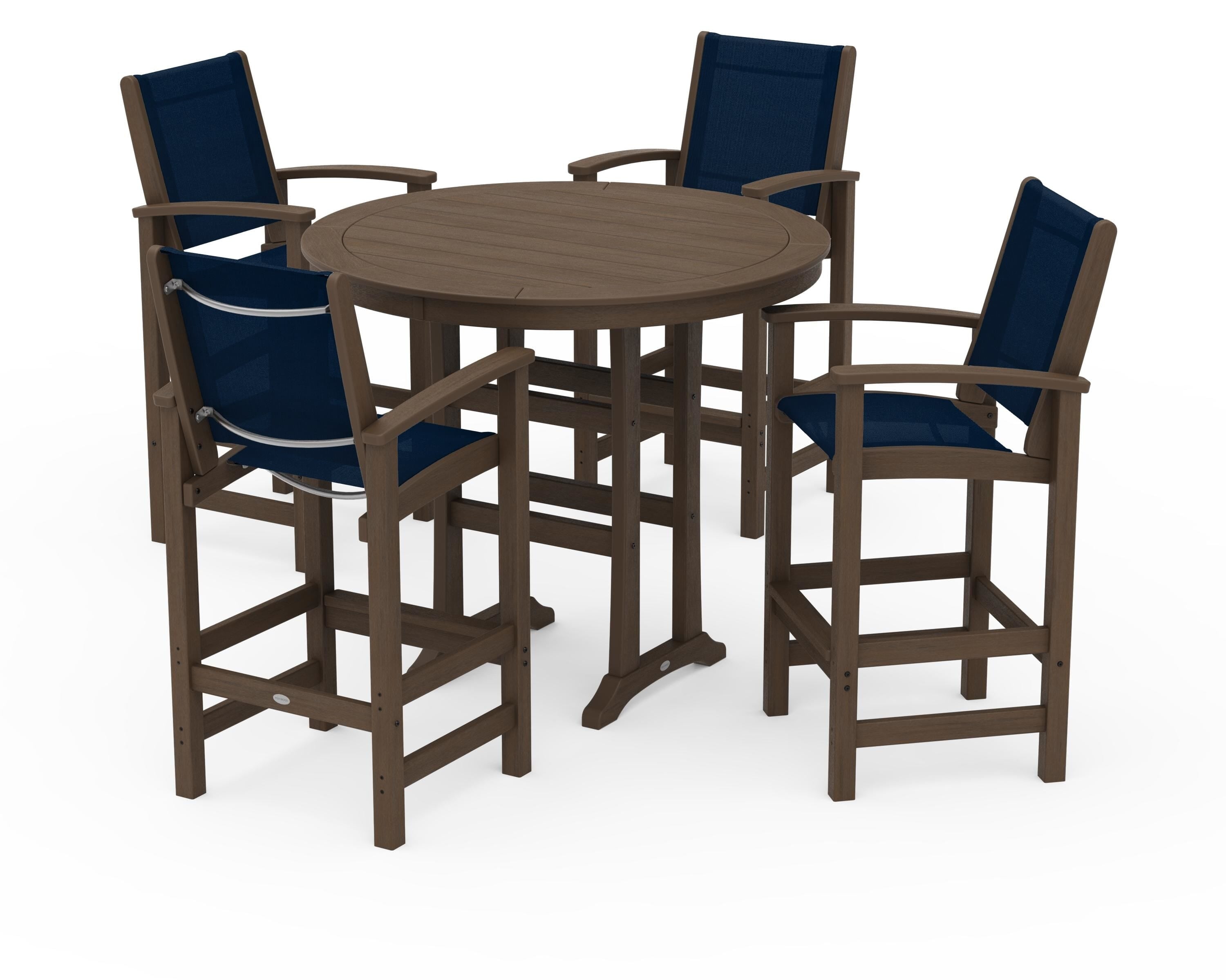 POLYWOOD Coastal 5-Piece Nautical Trestle Bar Set in Kona / Navy Blue Sling