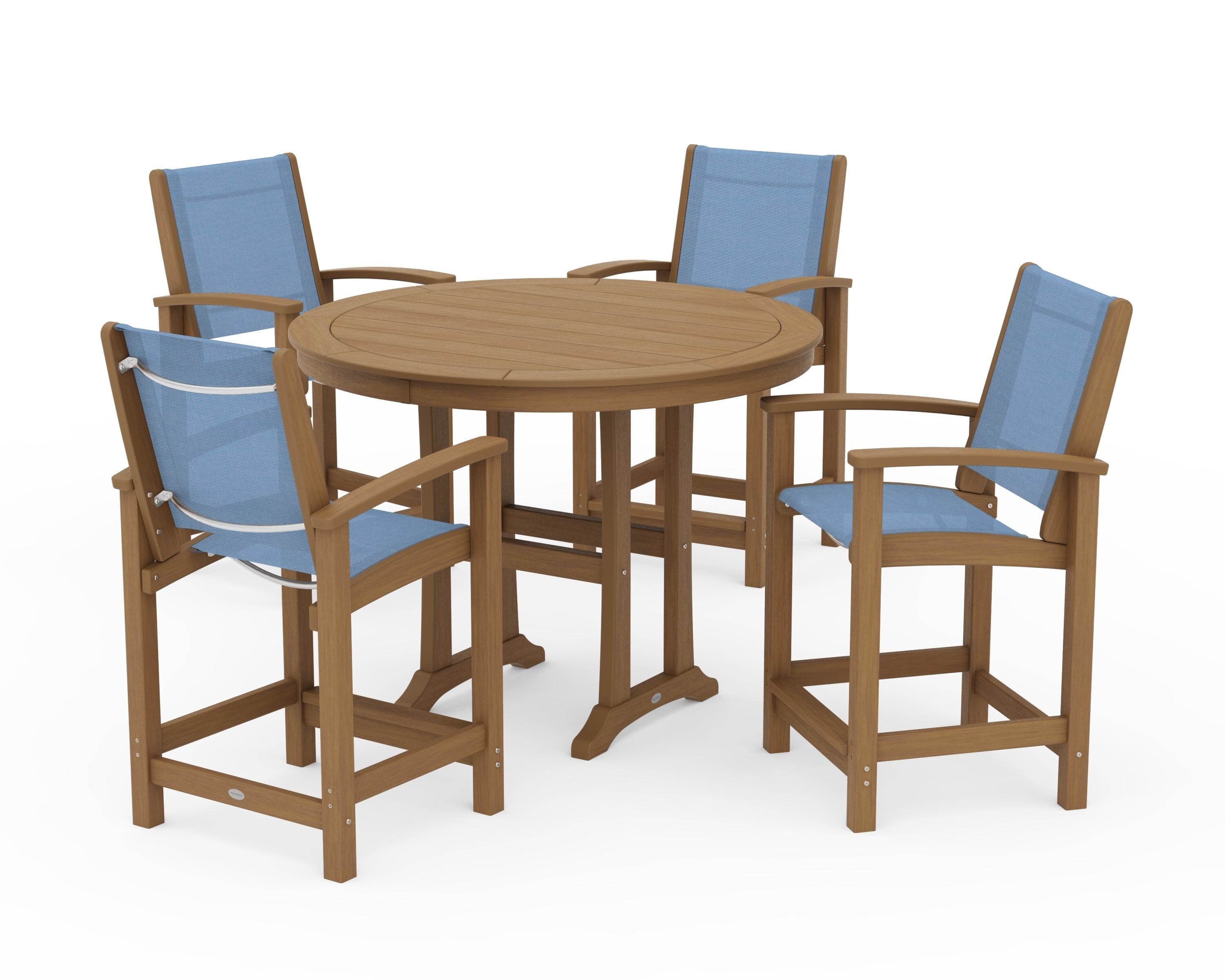 POLYWOOD Coastal 5-Piece Counter Set in Natural / Poolside Sling
