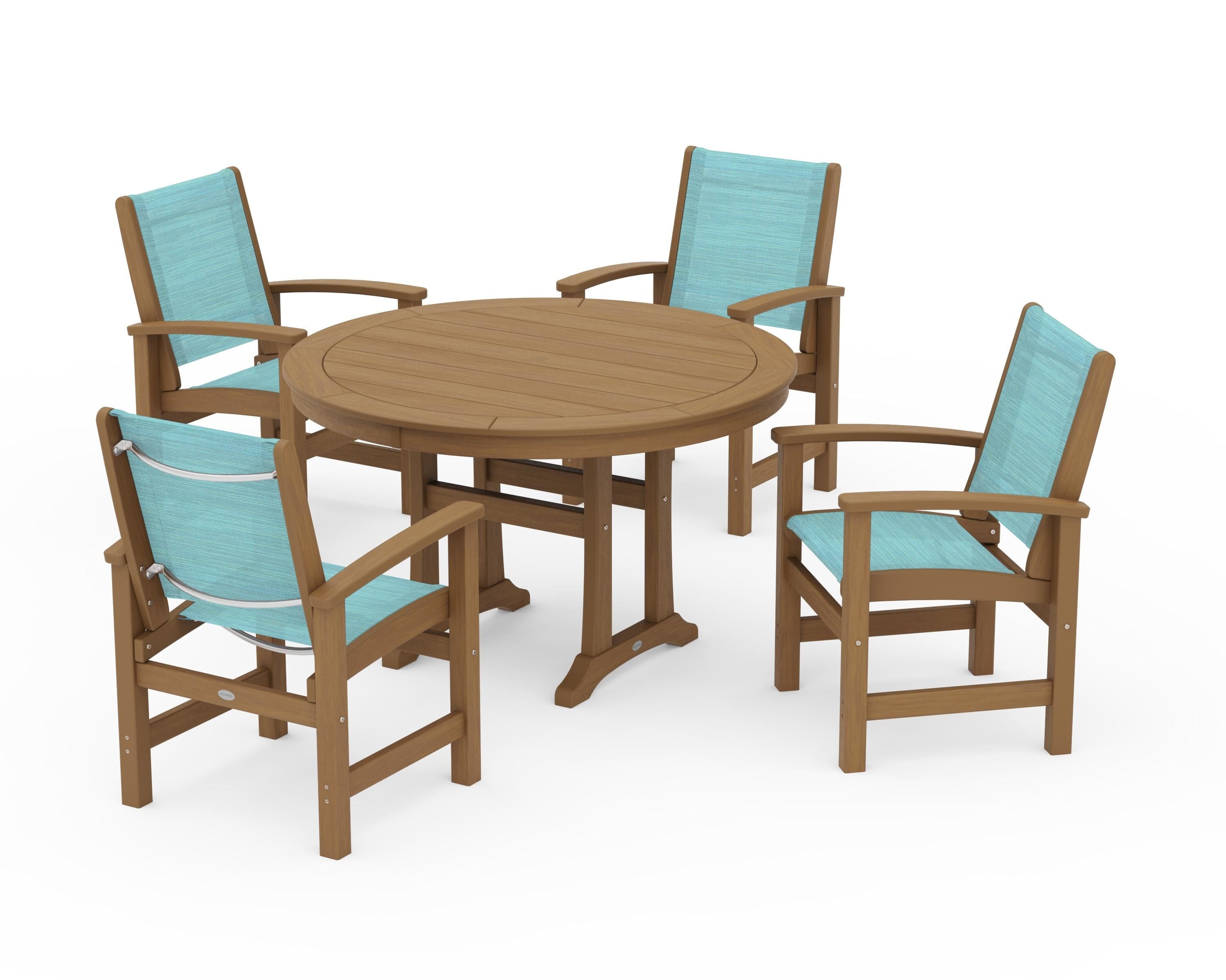 POLYWOOD Coastal 5-Piece Round Dining Set with Trestle Legs in Natural / Dupioni Aquamarine Sling