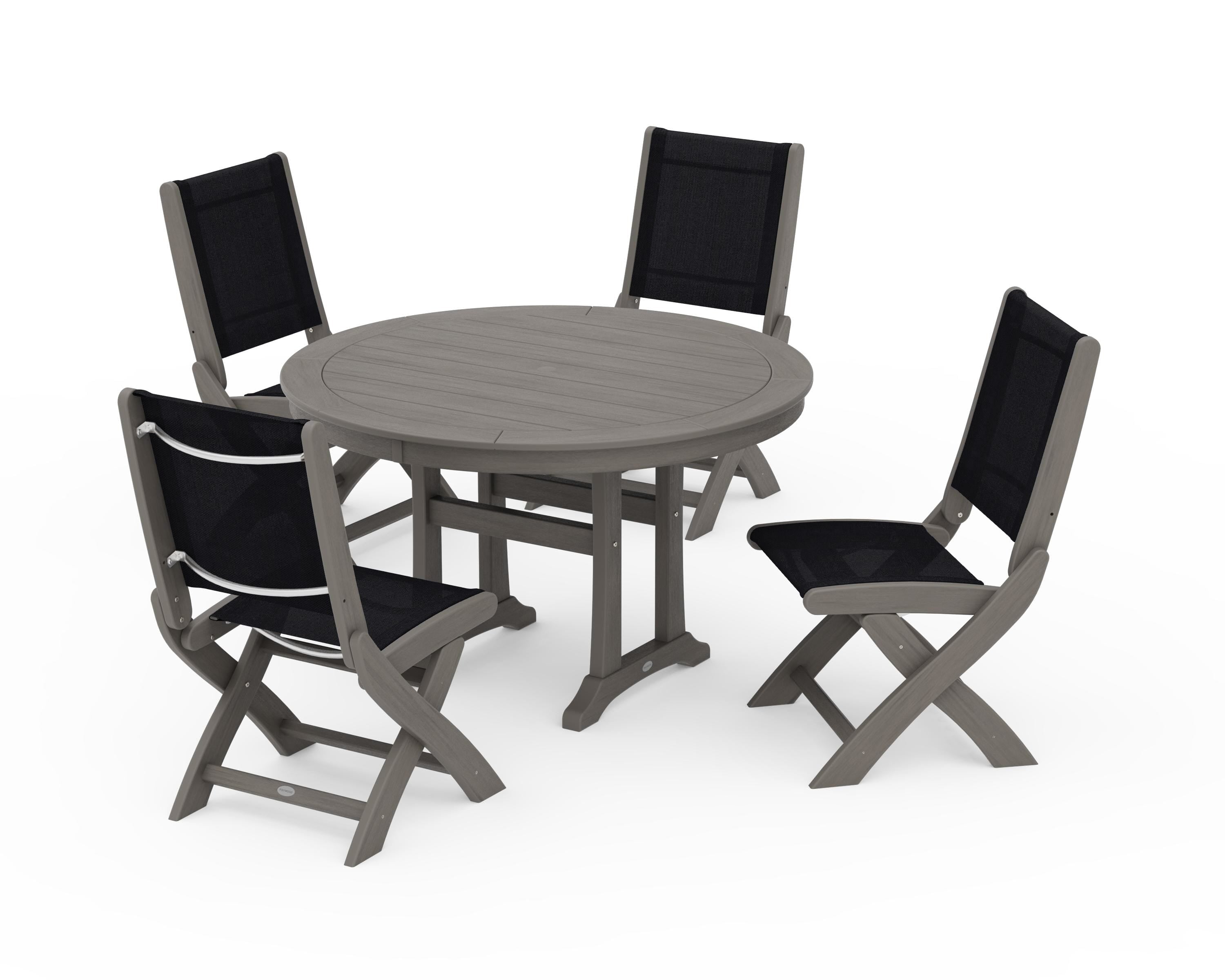 POLYWOOD Coastal Folding Side Chair 5-Piece Round Dining Set With Trestle Legs in Driftwood / Black Sling
