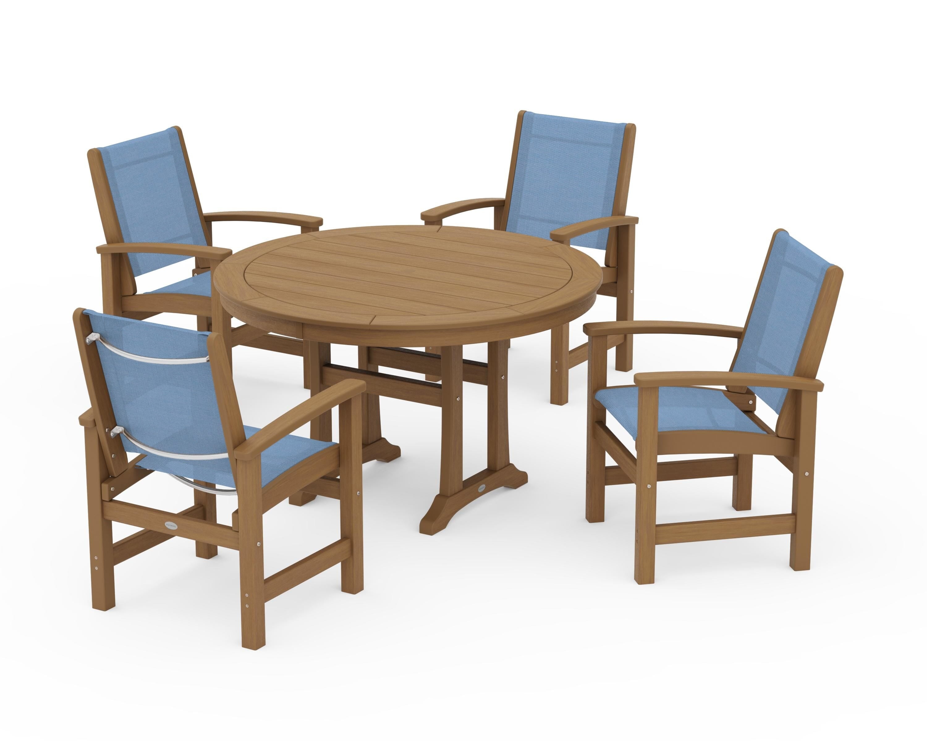 POLYWOOD Coastal 5-Piece Round Dining Set with Trestle Legs in Natural / Poolside Sling