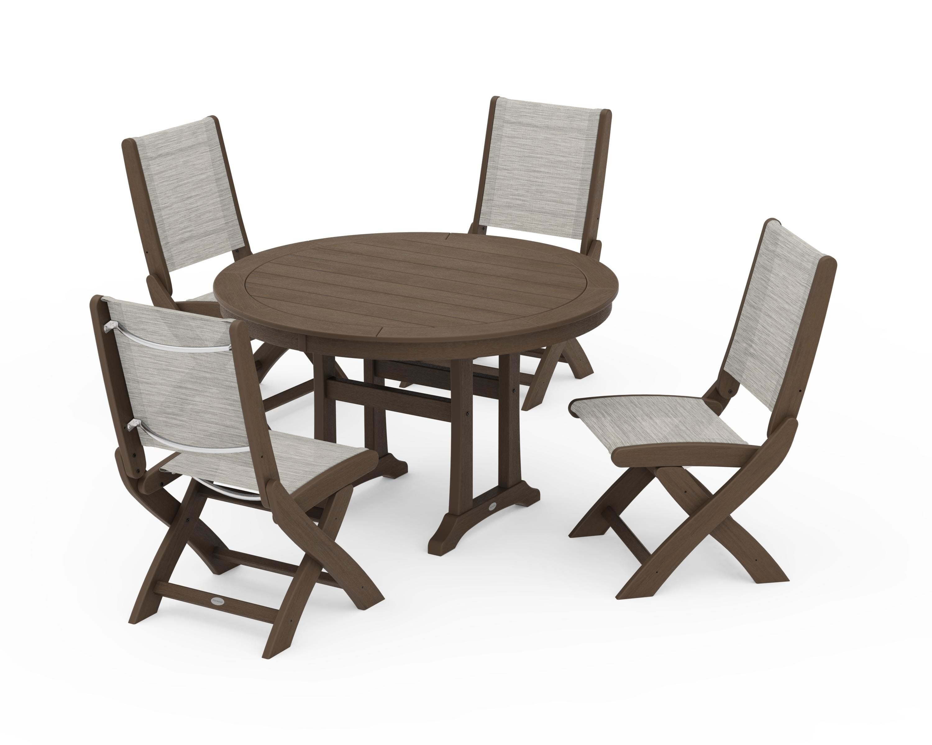 POLYWOOD Coastal Folding Side Chair 5-Piece Round Dining Set With Trestle Legs in Kona / Birch Sling