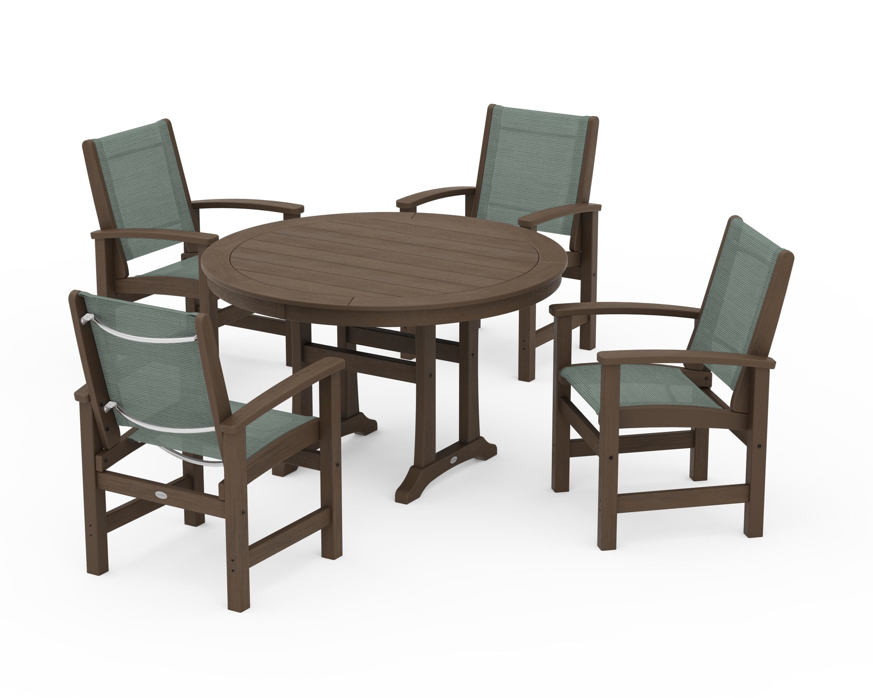 POLYWOOD Coastal 5-Piece Round Dining Set with Trestle Legs in Kona / Dupioni Sea Mist Sling