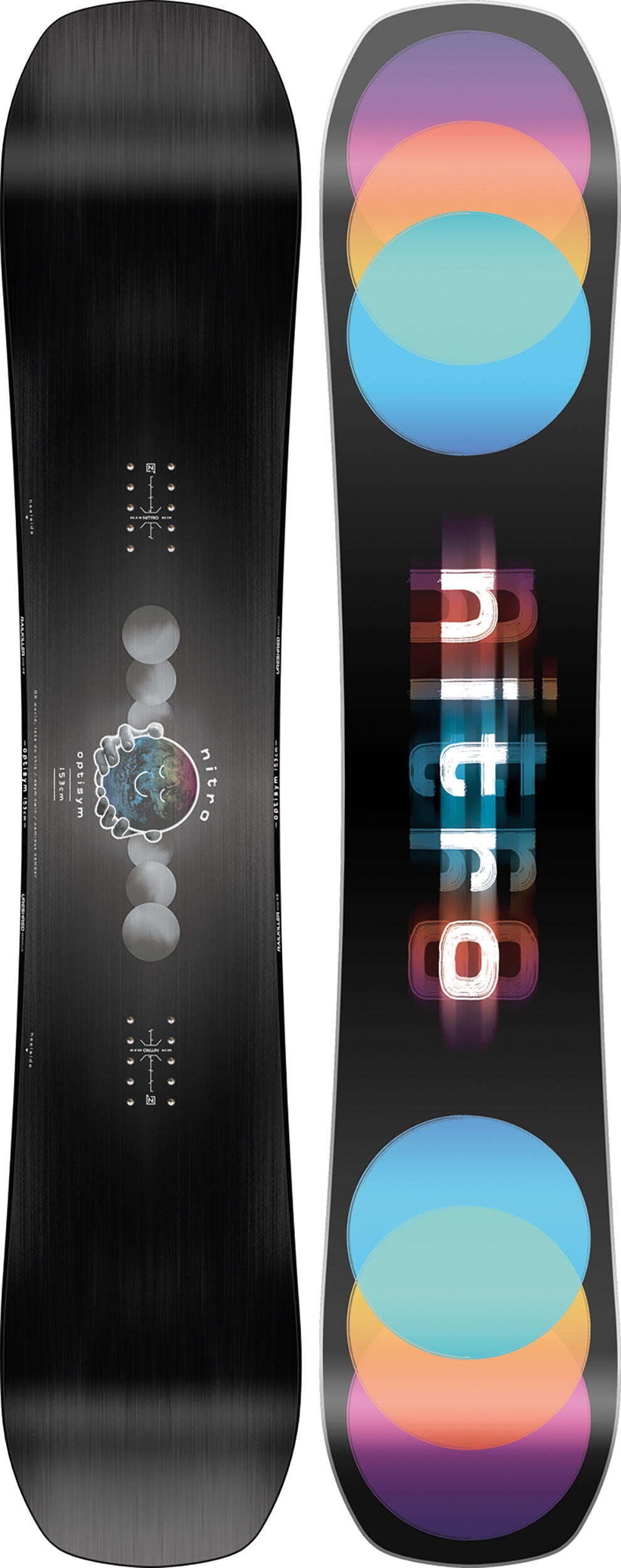 The freestyle-friendly Optisym snowboard is equipped with the dream combination of Nitro´s Asymmetrical Twin shape and Cam-Out Camber, which provides the perfect flex and response for turning even the blandest terrain into an exciting blank canvas. 