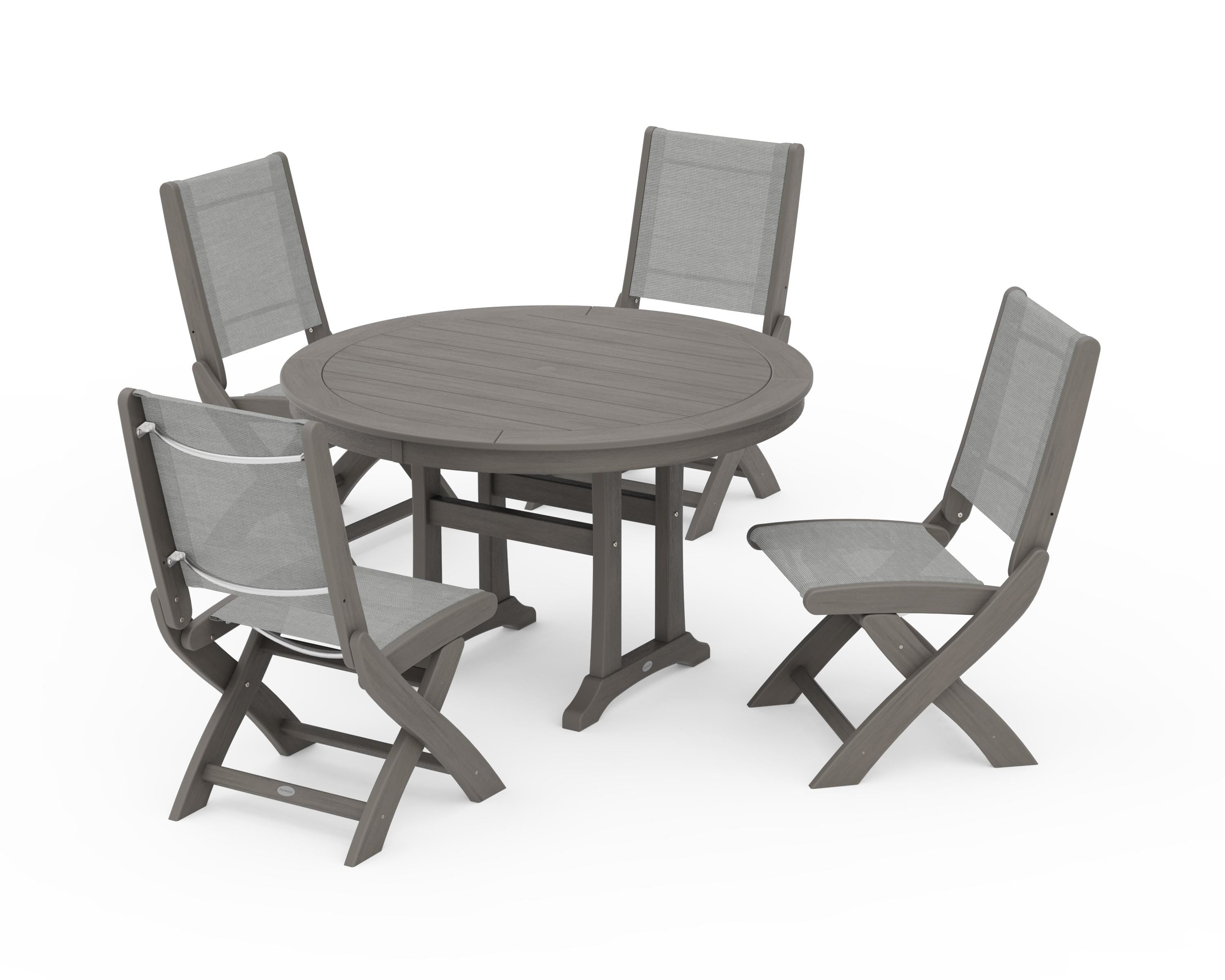 POLYWOOD Coastal Folding Side Chair 5-Piece Round Dining Set With Trestle Legs in Driftwood / Metallic Sling