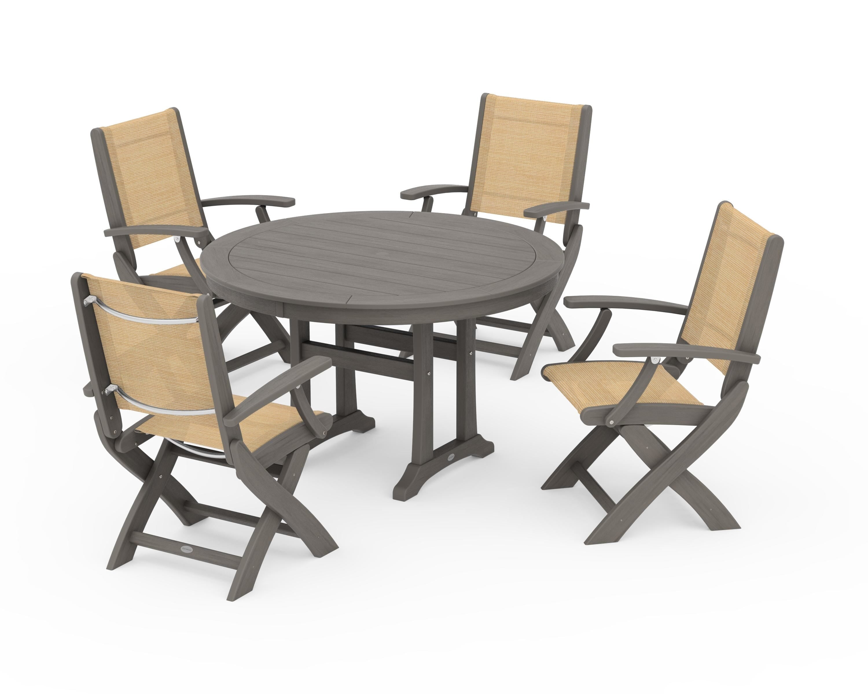 POLYWOOD Coastal Folding Chair 5-Piece Round Dining Set with Trestle Legs in Driftwood / Dupioni Apricot Sling