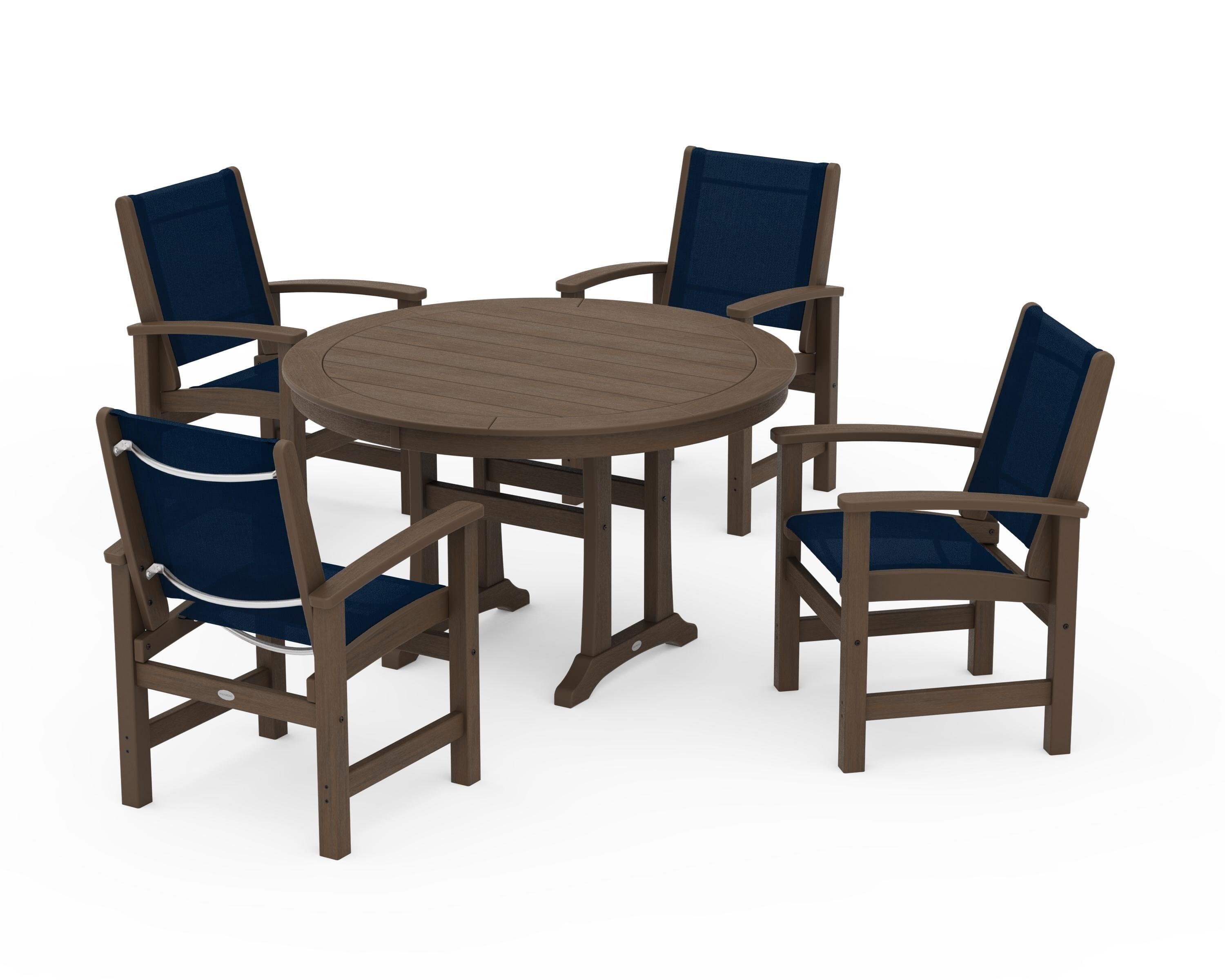 POLYWOOD Coastal 5-Piece Round Dining Set with Trestle Legs in Kona / Navy Blue Sling