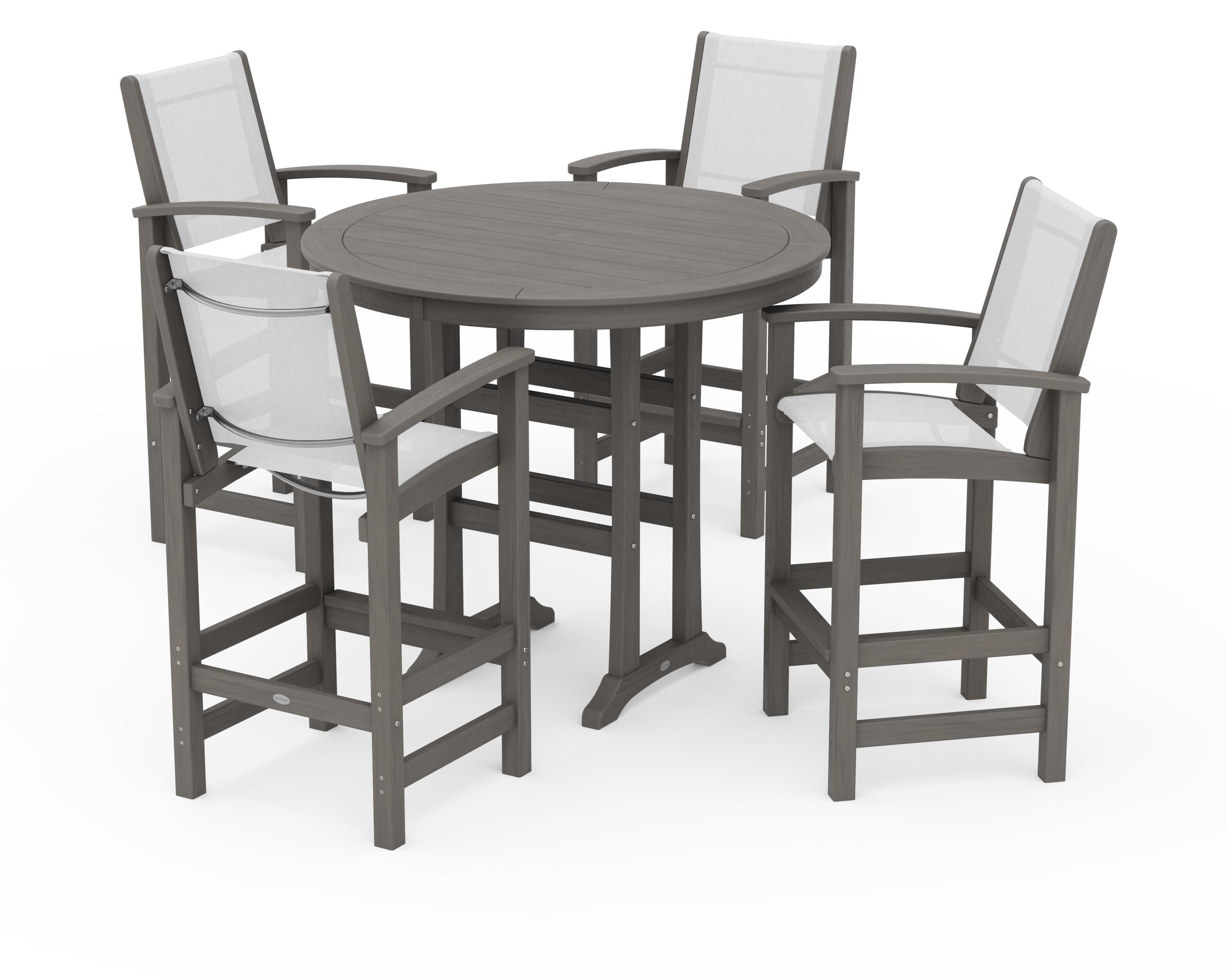 POLYWOOD Coastal 5-Piece Nautical Trestle Bar Set in Driftwood / White Sling