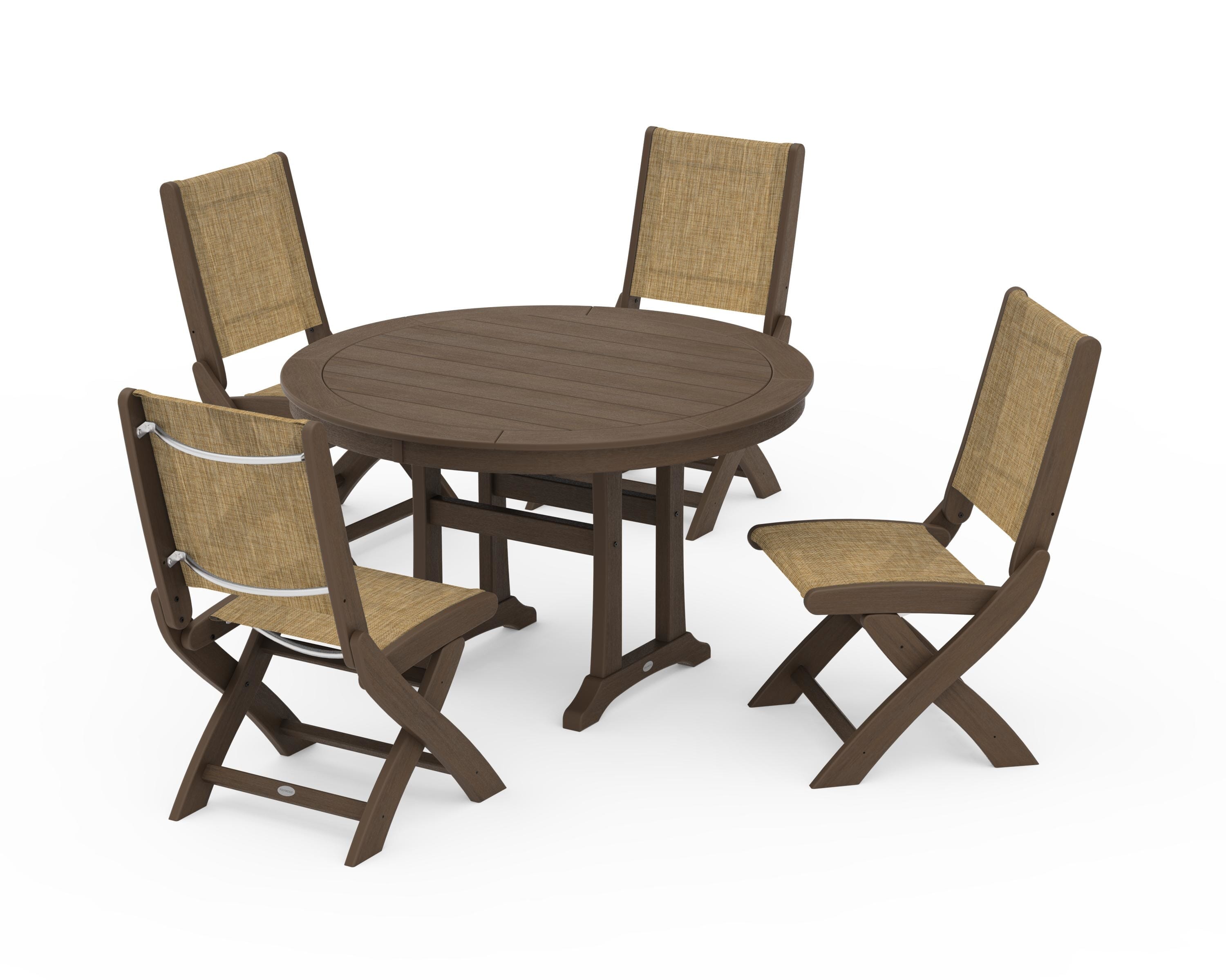 POLYWOOD Coastal Folding Side Chair 5-Piece Round Dining Set With Trestle Legs in Kona / Burlap Sling