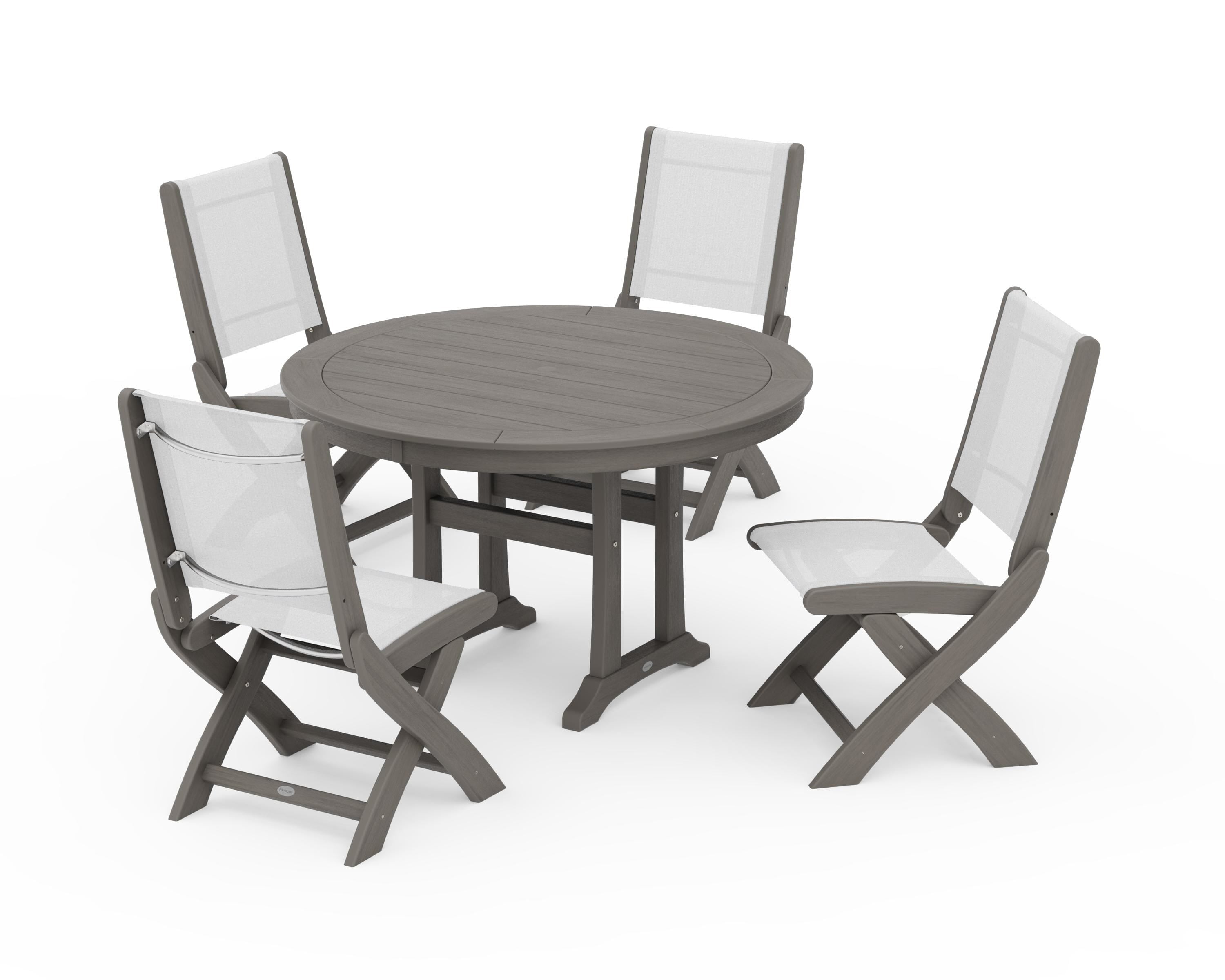 POLYWOOD Coastal Folding Side Chair 5-Piece Round Dining Set With Trestle Legs in Driftwood / White Sling