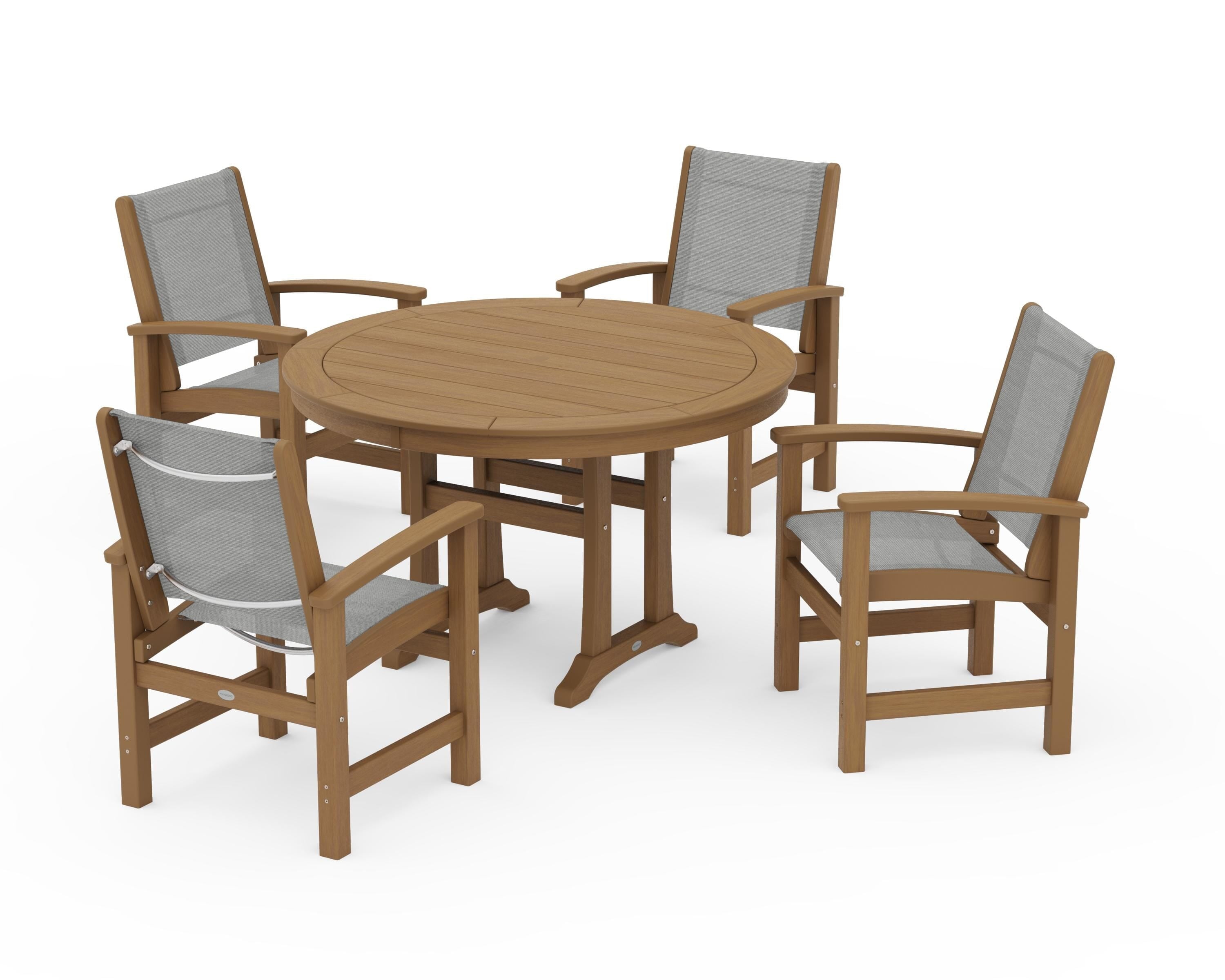 POLYWOOD Coastal 5-Piece Round Dining Set with Trestle Legs in Natural / Metallic Sling