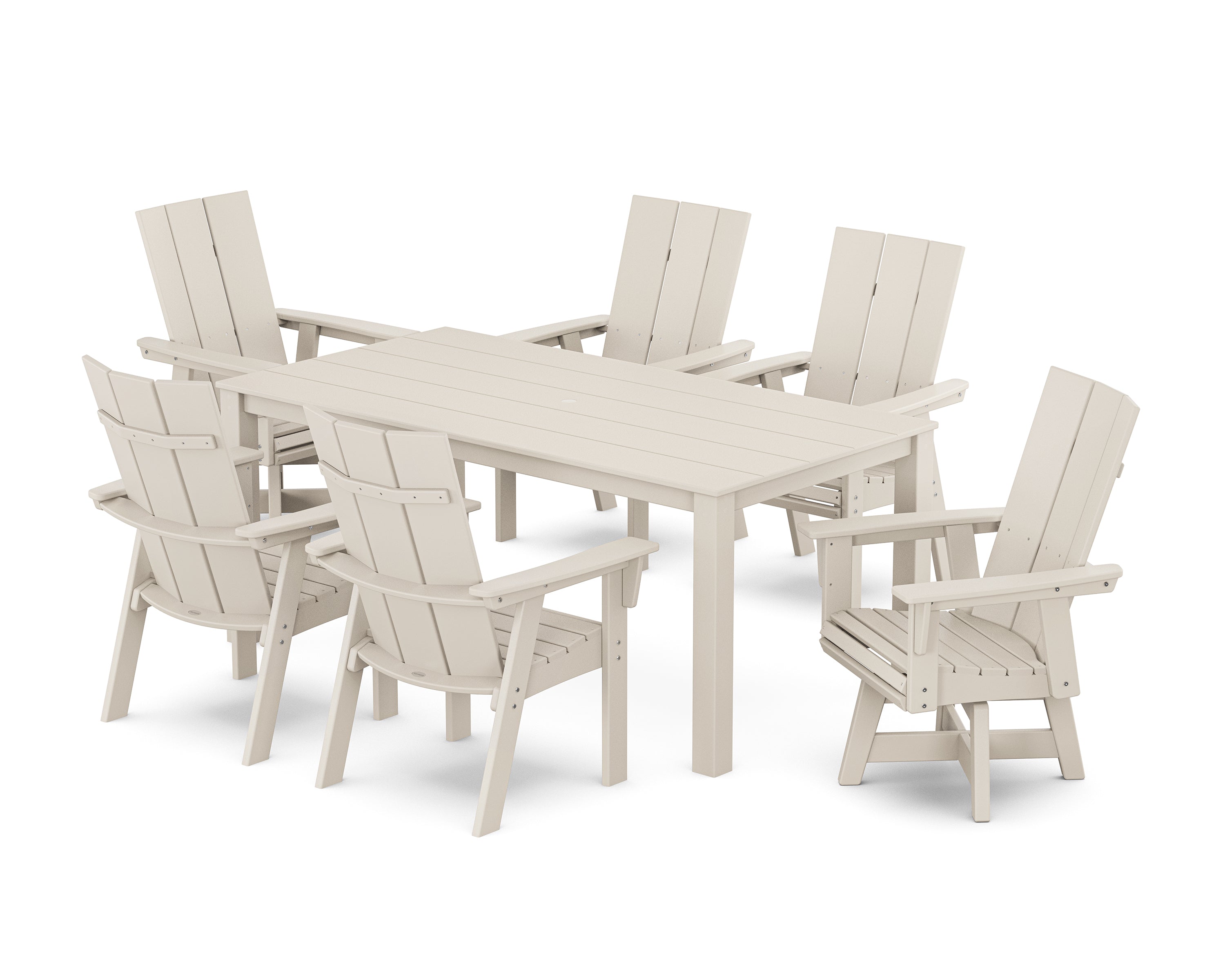 POLYWOOD® Modern Curveback Adirondack 7-Piece Parsons Swivel Dining Set in Sand