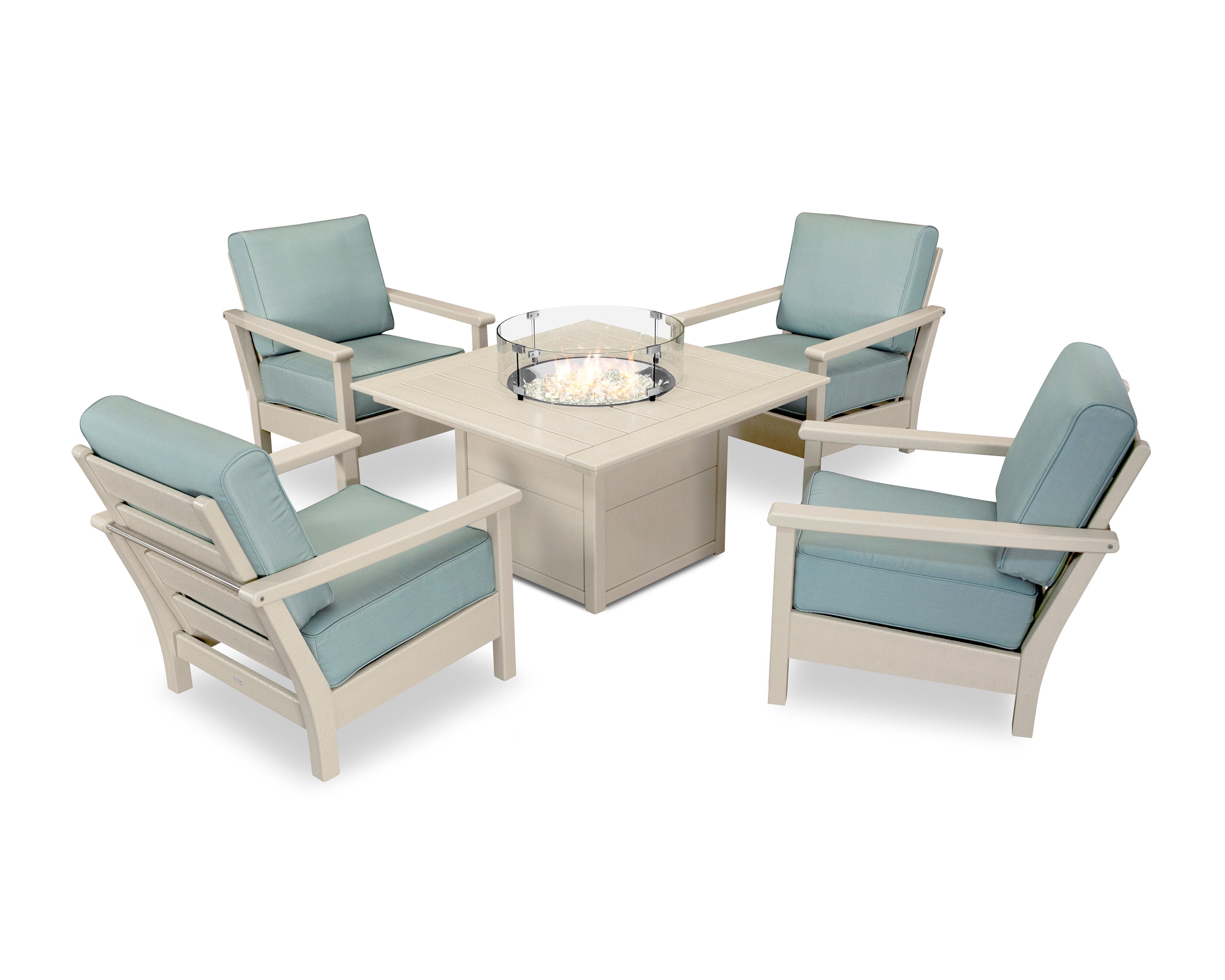 POLYWOOD Harbour 5-Piece Conversation Set with Fire Pit Table in Sand / Spa