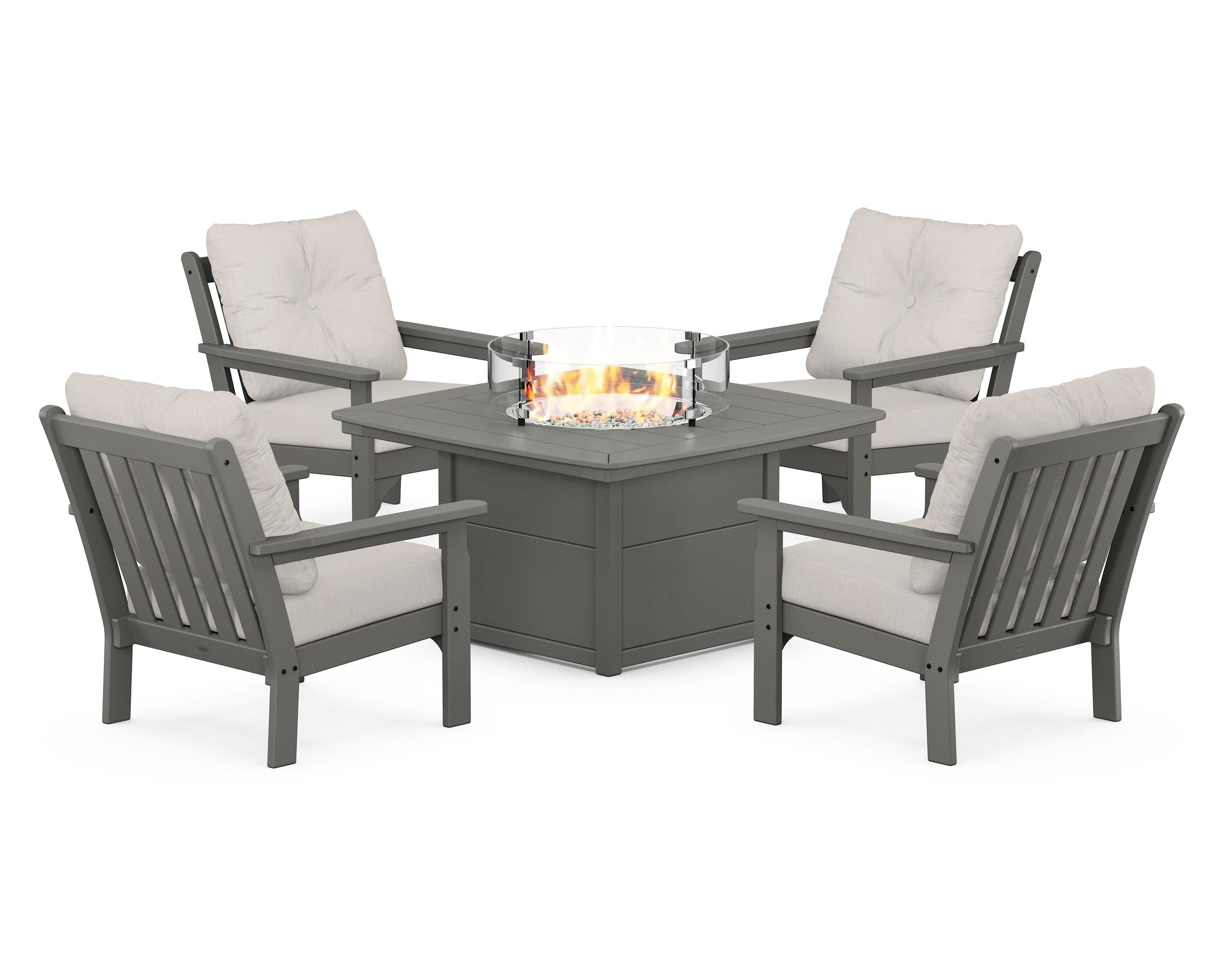 POLYWOOD Vineyard 5-Piece Conversation Set with Fire Pit Table in Slate Grey / Cast Ash