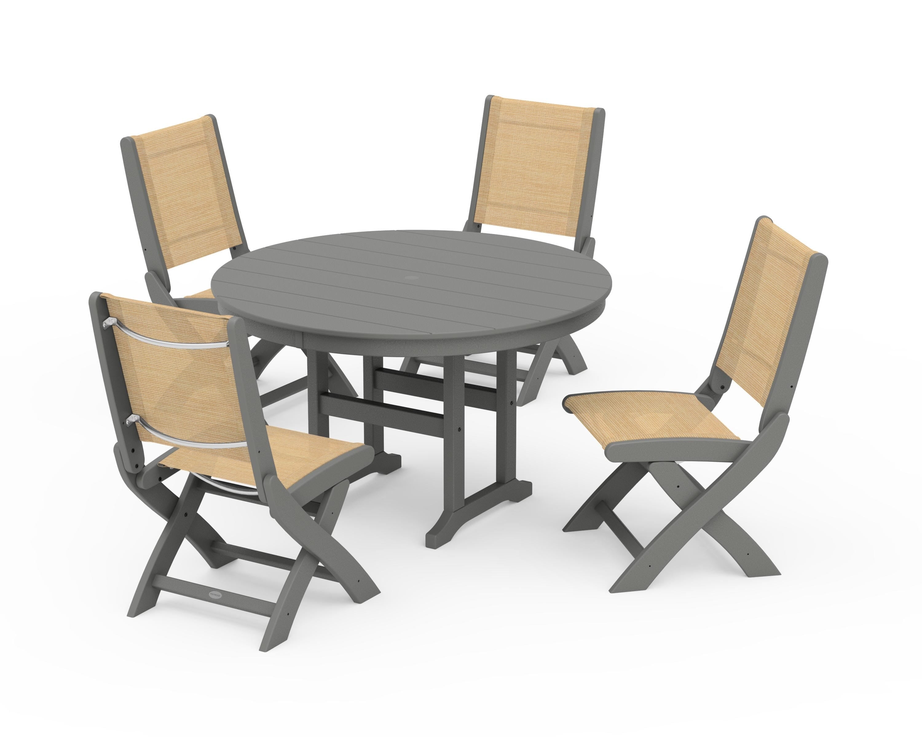 POLYWOOD Coastal Folding Side Chair 5-Piece Round Dining Set in Slate Grey / Dupioni Apricot Sling
