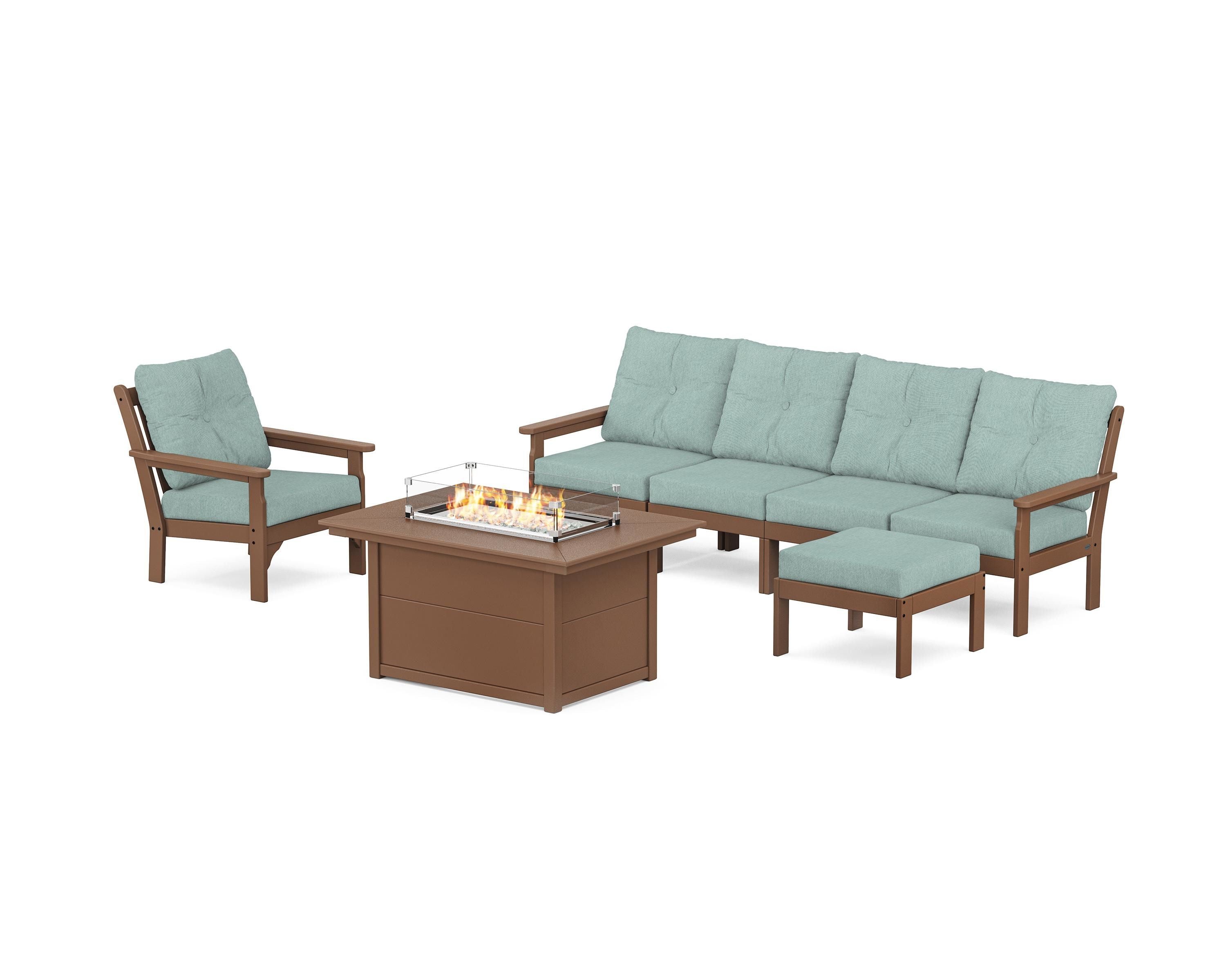 POLYWOOD Vineyard Sectional Lounge and Fire Pit Set in Teak / Glacier Spa