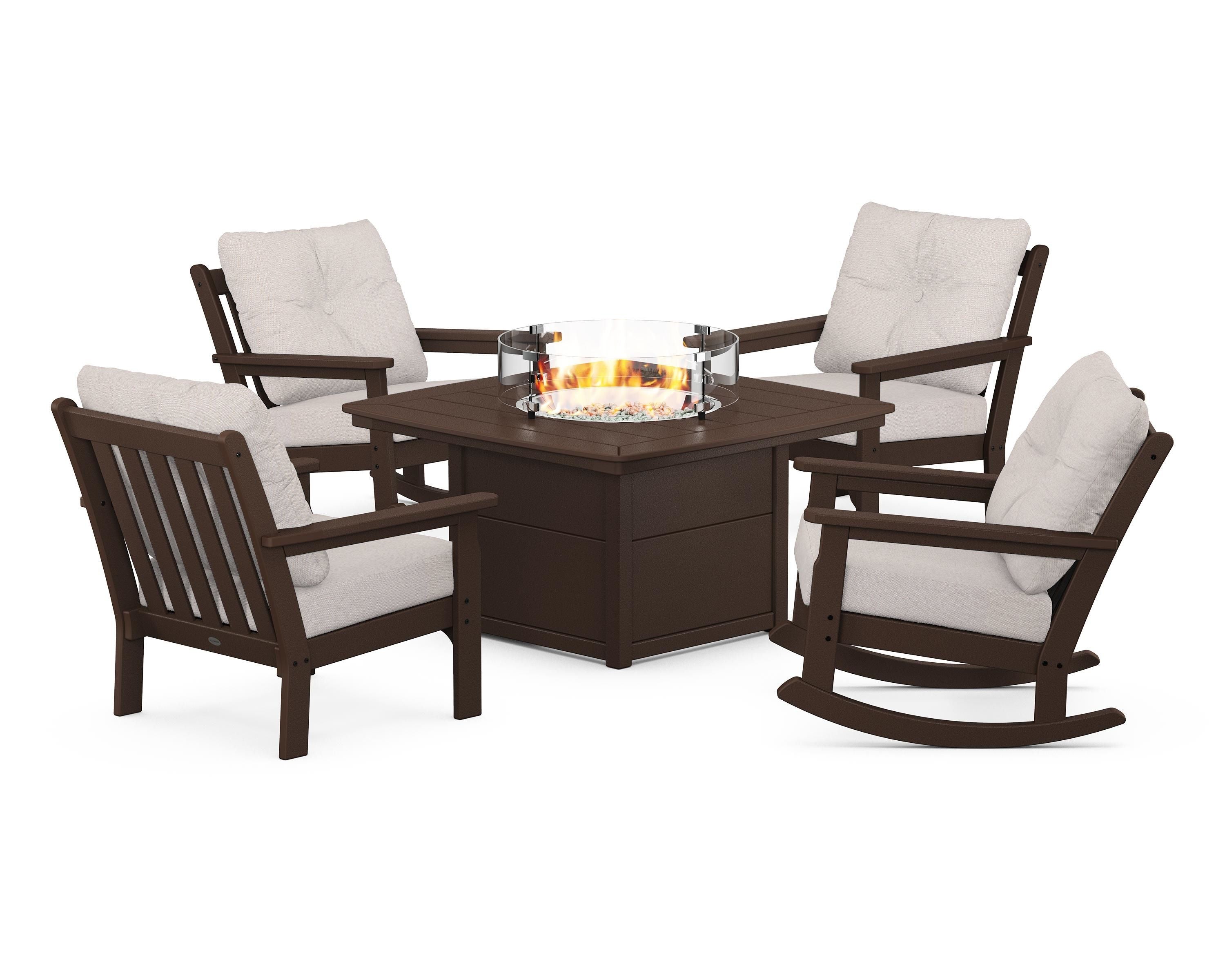 POLYWOOD Vineyard 5-Piece Deep Seating Rocking Chair Conversation Set with Fire Pit Table in Mahogany / Dune Burlap