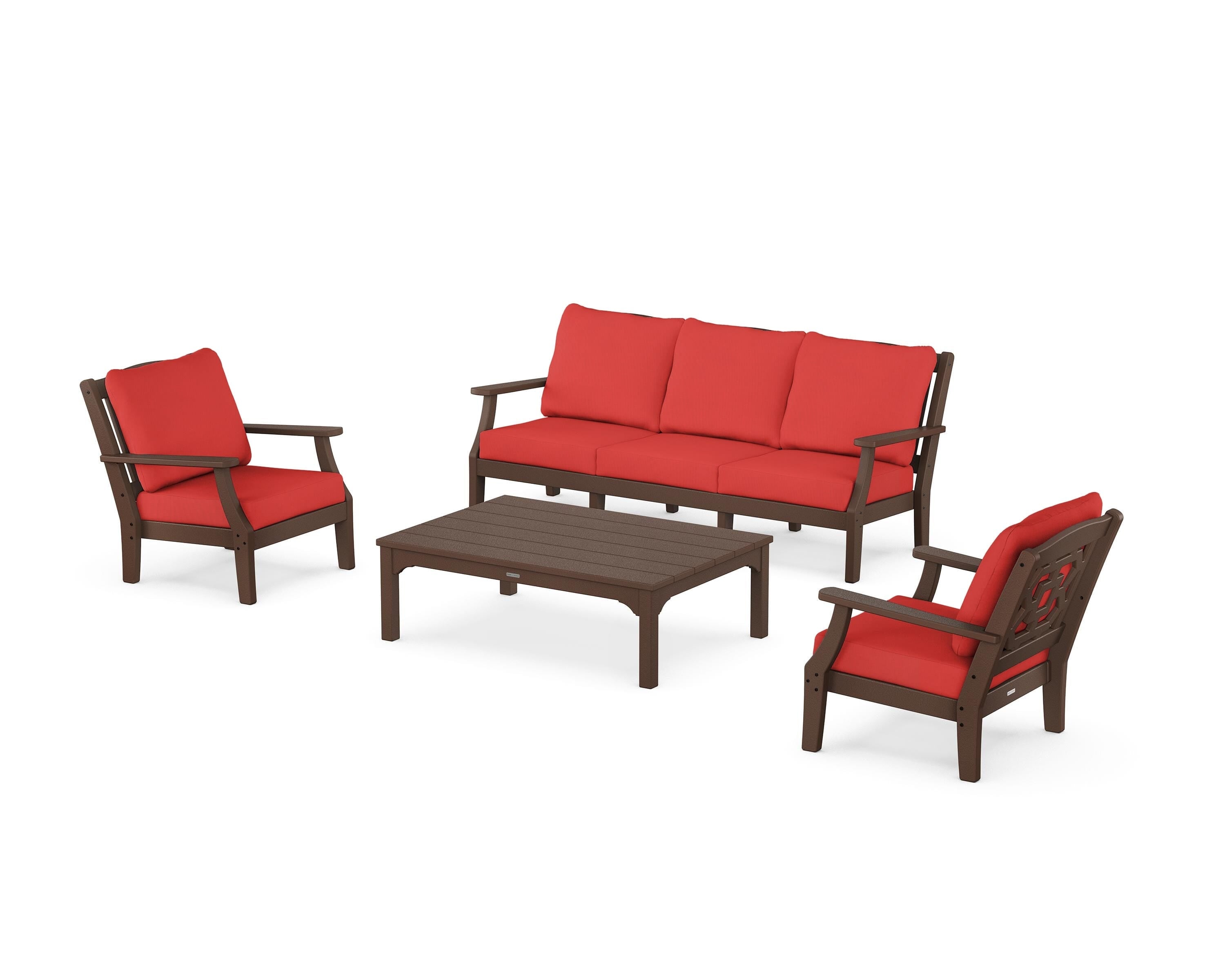 Martha Stewart by POLYWOOD Chinoiserie 4-Piece Deep Seating Set with Sofa in Mahogany / Crimson Linen