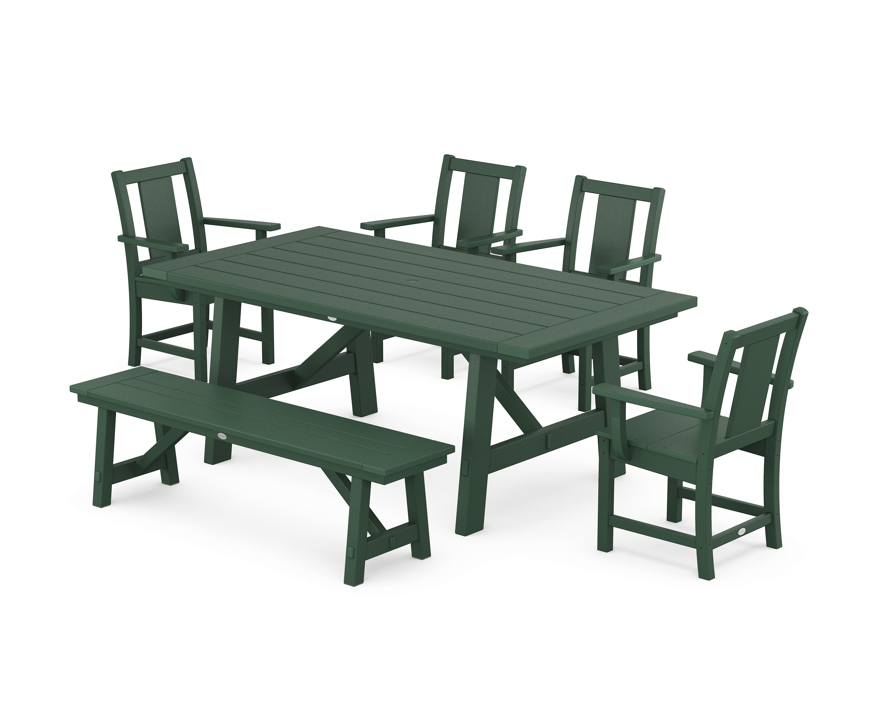 POLYWOOD® Prairie 6-Piece Rustic Farmhouse Dining Set with Bench in Green