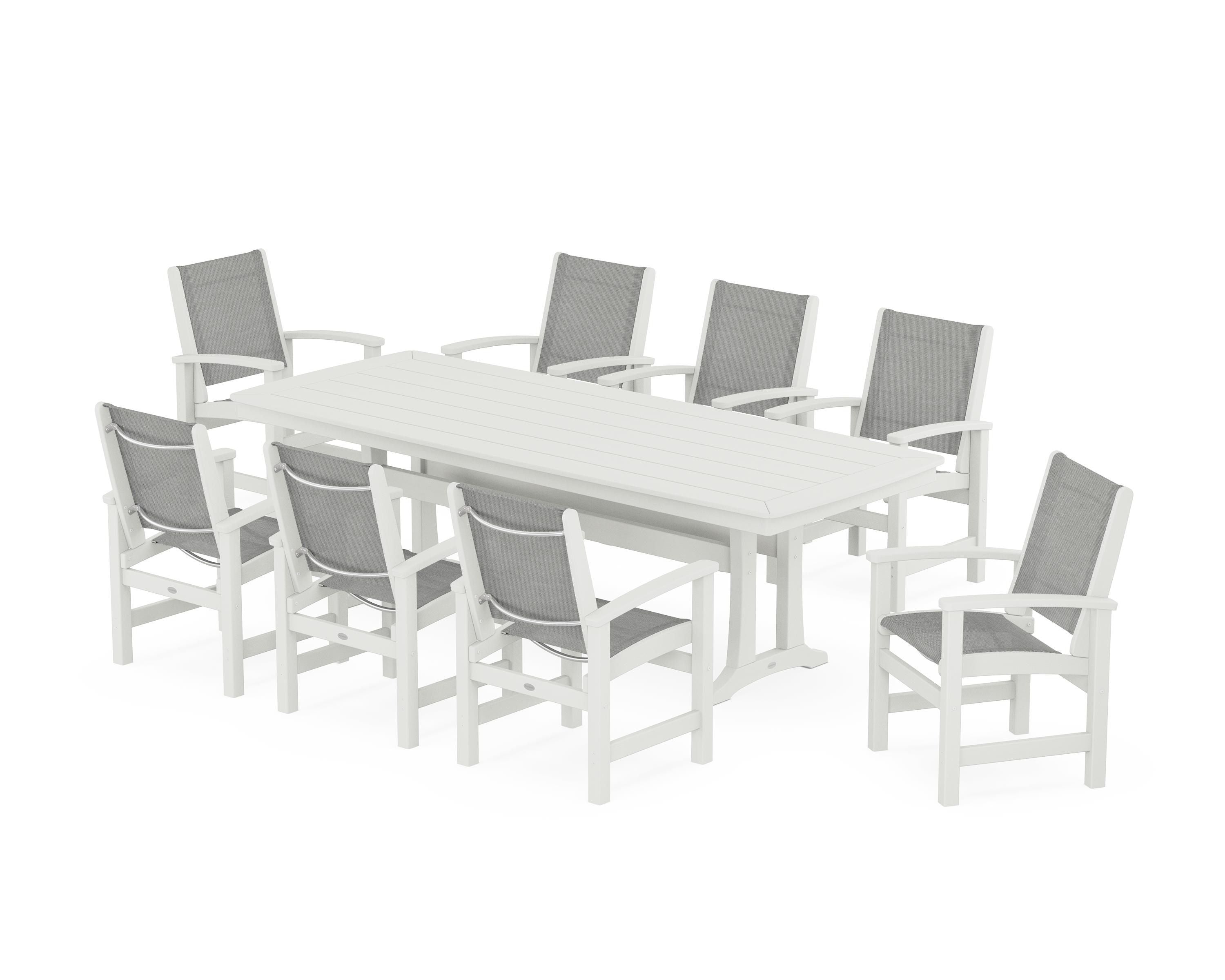 POLYWOOD Coastal 9-Piece Dining Set with Trestle Legs in Vintage White / Metallic Sling