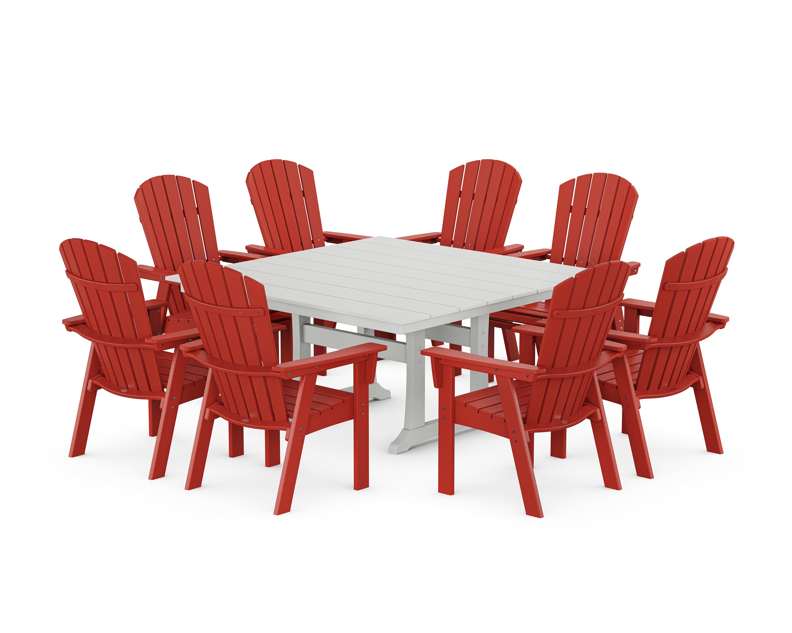 POLYWOOD Nautical Curveback Adirondack 9-Piece Square Dining Set with Trestle Legs in Sunset Red / White