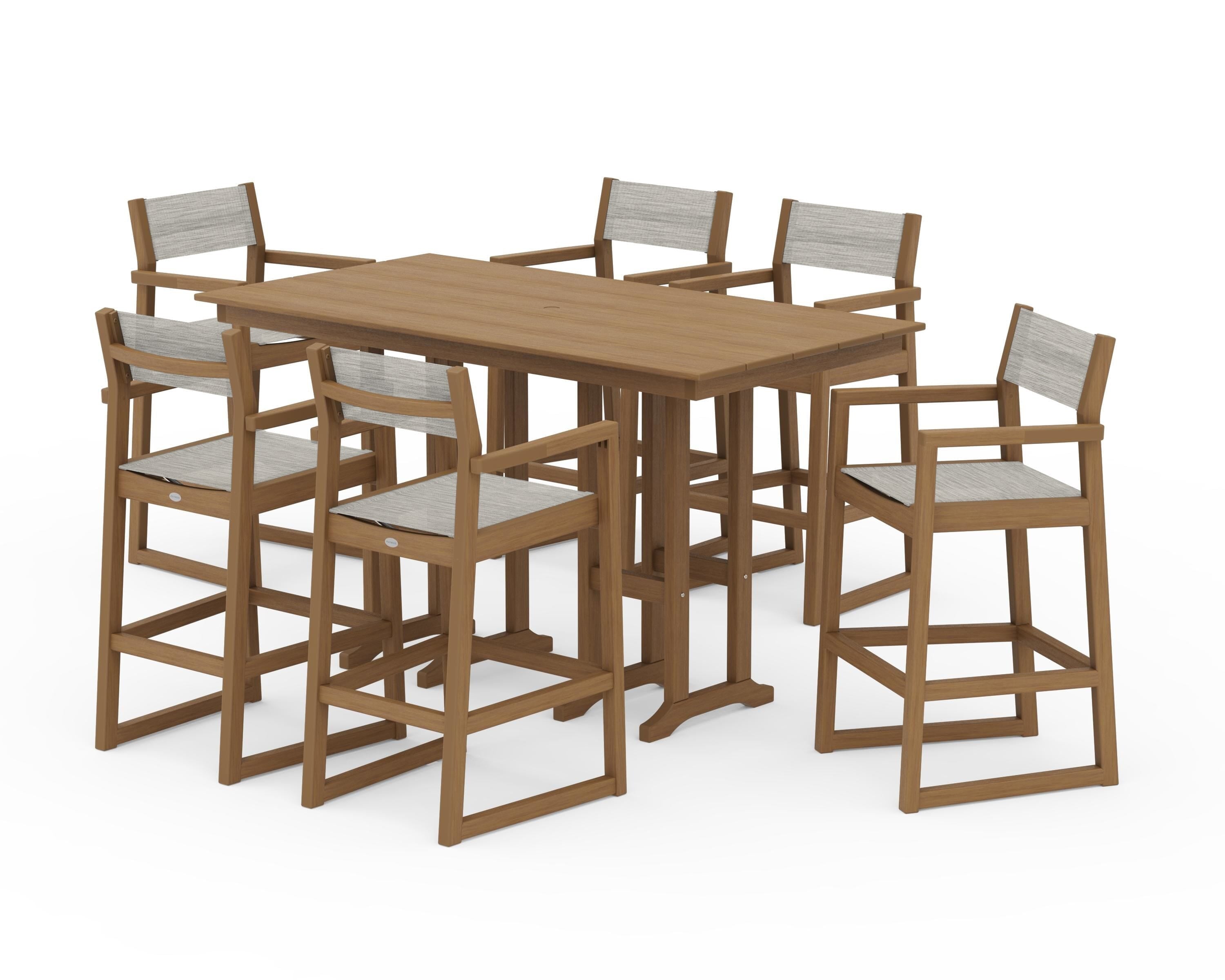 POLYWOOD EDGE Sling Arm Chair 7-Piece Farmhouse Bar Set in Natural / Birch Sling