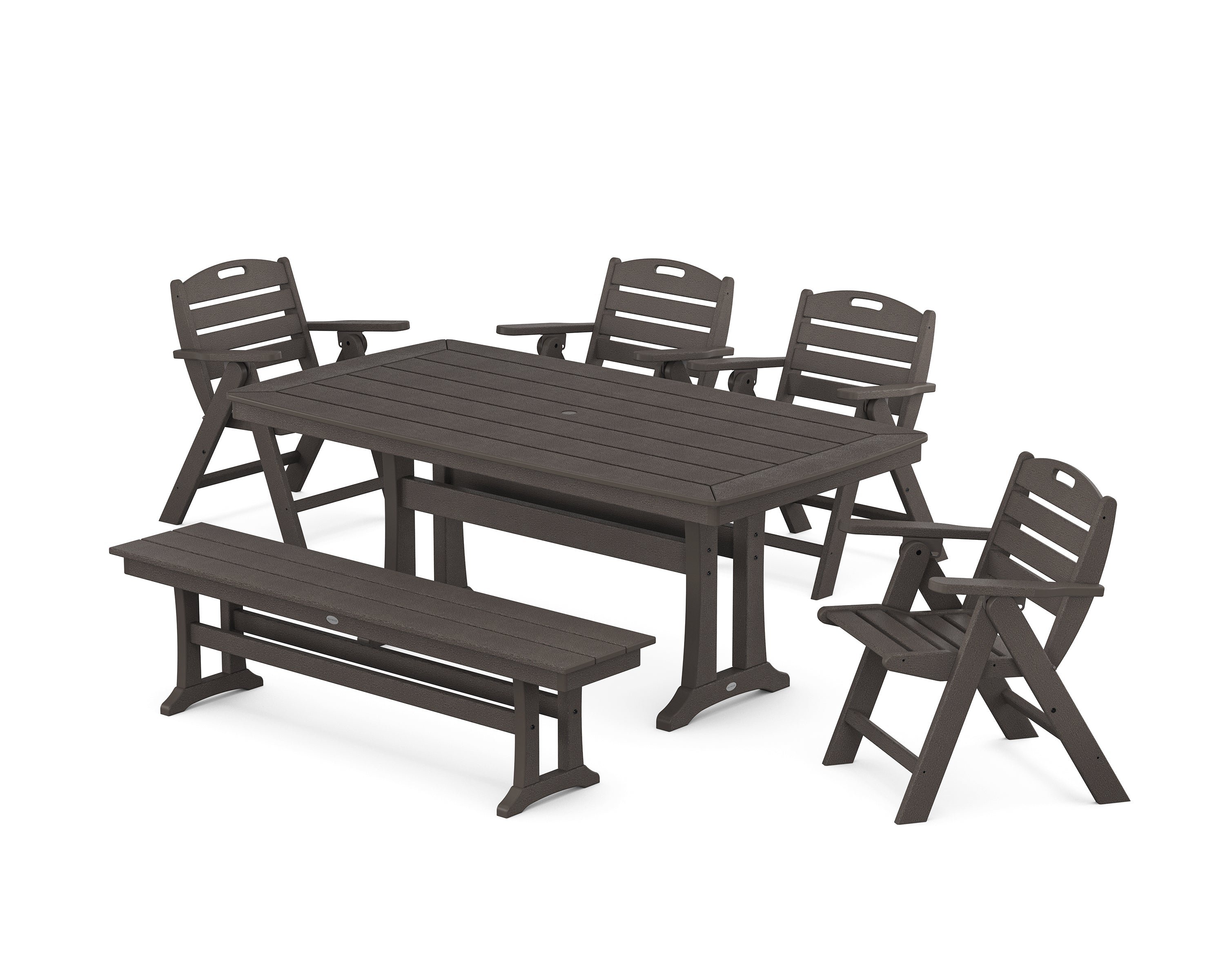 POLYWOOD Nautical Lowback 6-Piece Dining Set with Trestle Legs and Bench in Vintage Coffee