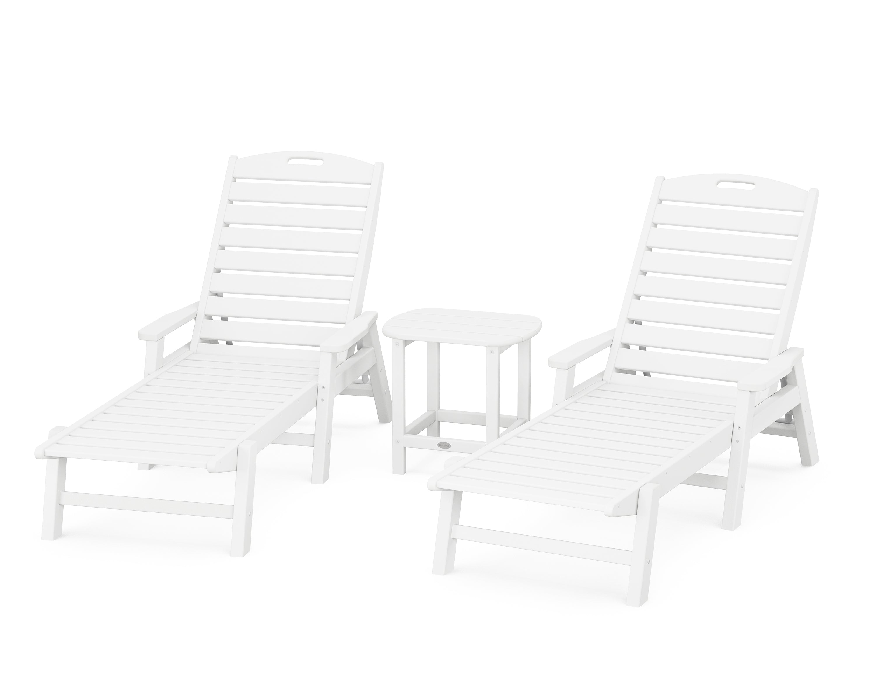 POLYWOOD Nautical 3-Piece Chaise Lounge with Arms Set with South Beach 18" Side Table in White