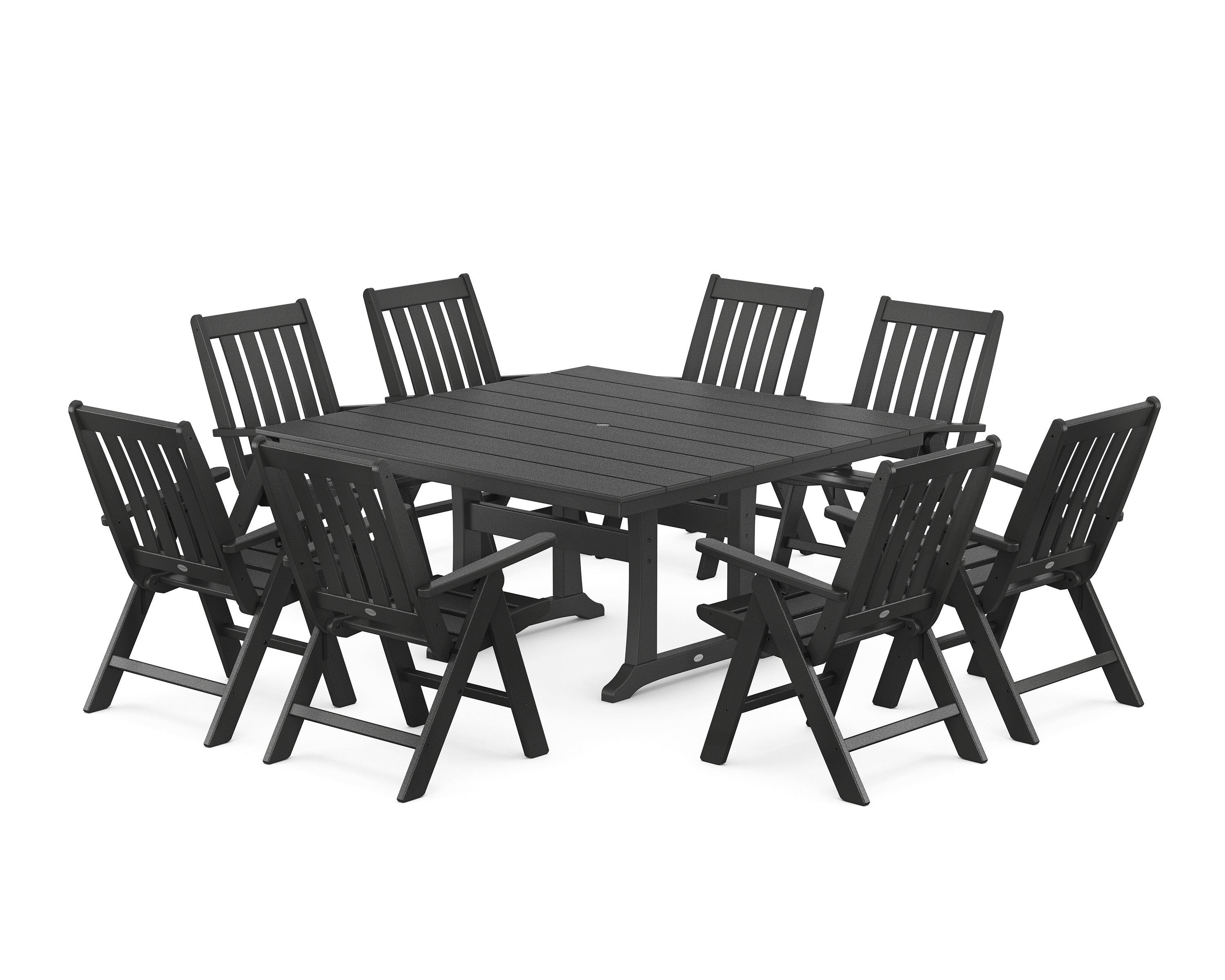 POLYWOOD Vineyard Folding Chair 9-Piece Square Farmhouse Dining Set with Trestle Legs in Black