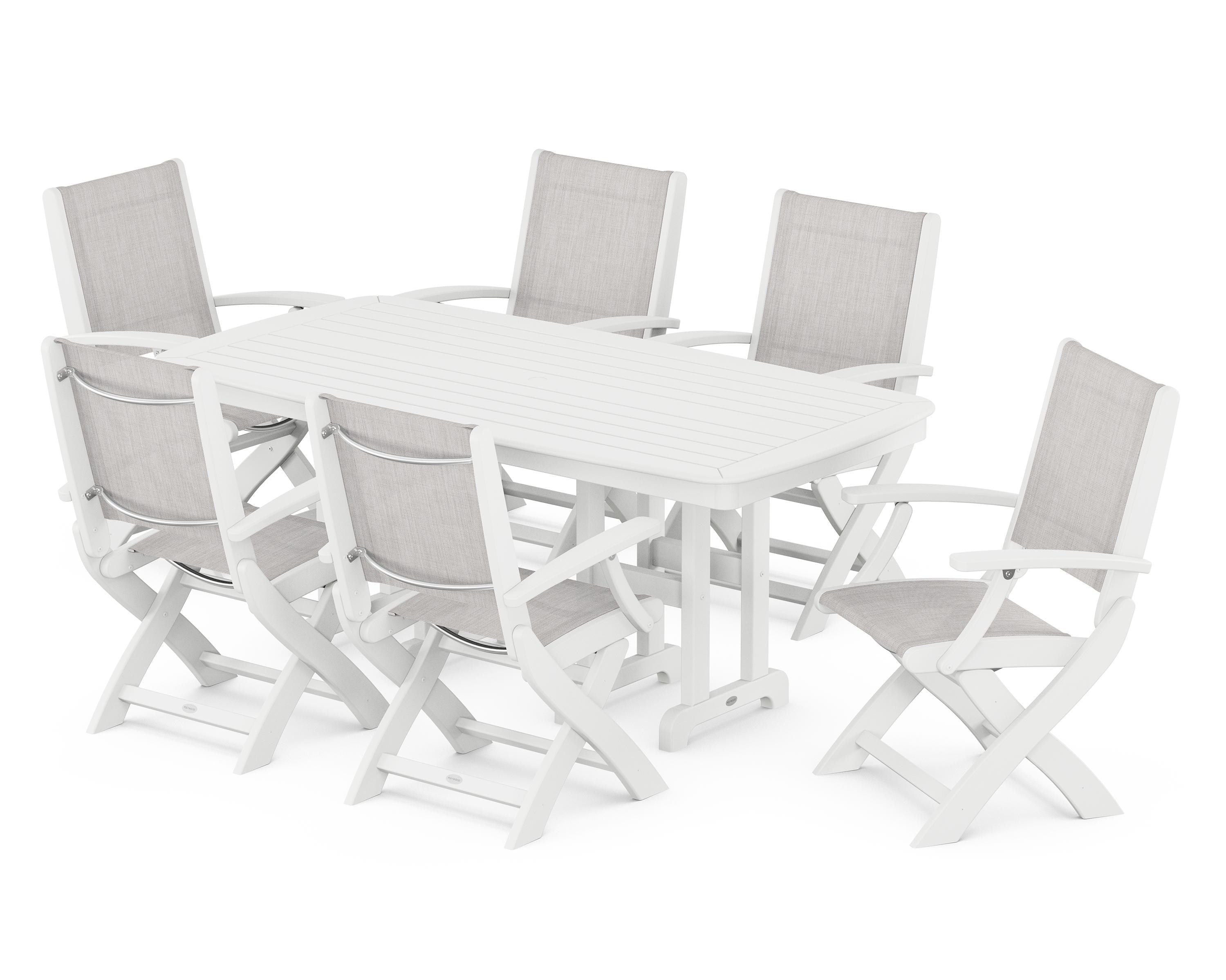 POLYWOOD Coastal Folding Arm Chair 7-Piece Dining Set in White / Parchment Sling