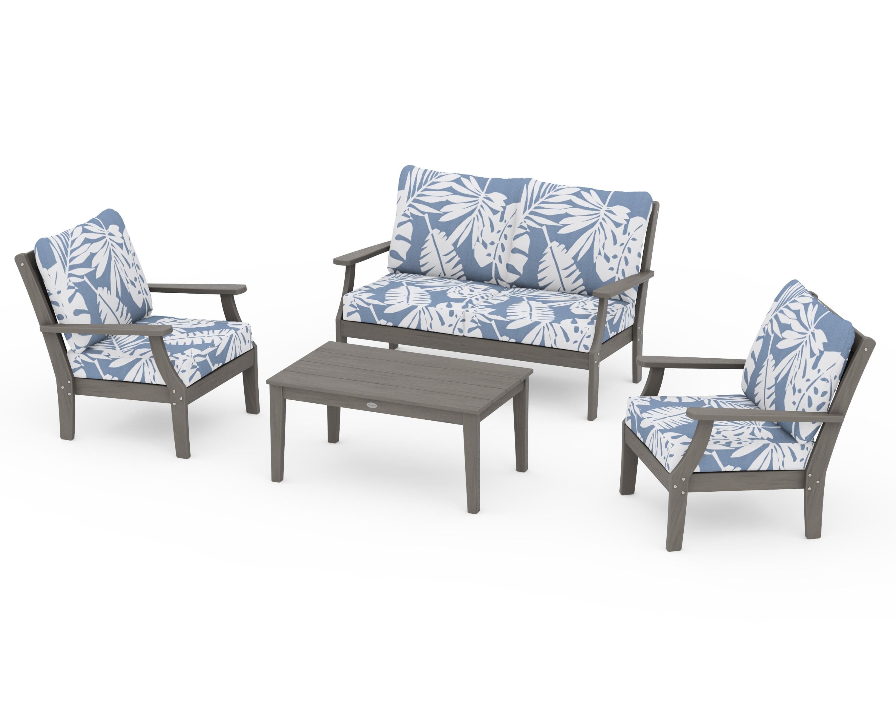 POLYWOOD Braxton 4-Piece Deep Seating Chair Set in Driftwood / Leaf Sky Blue