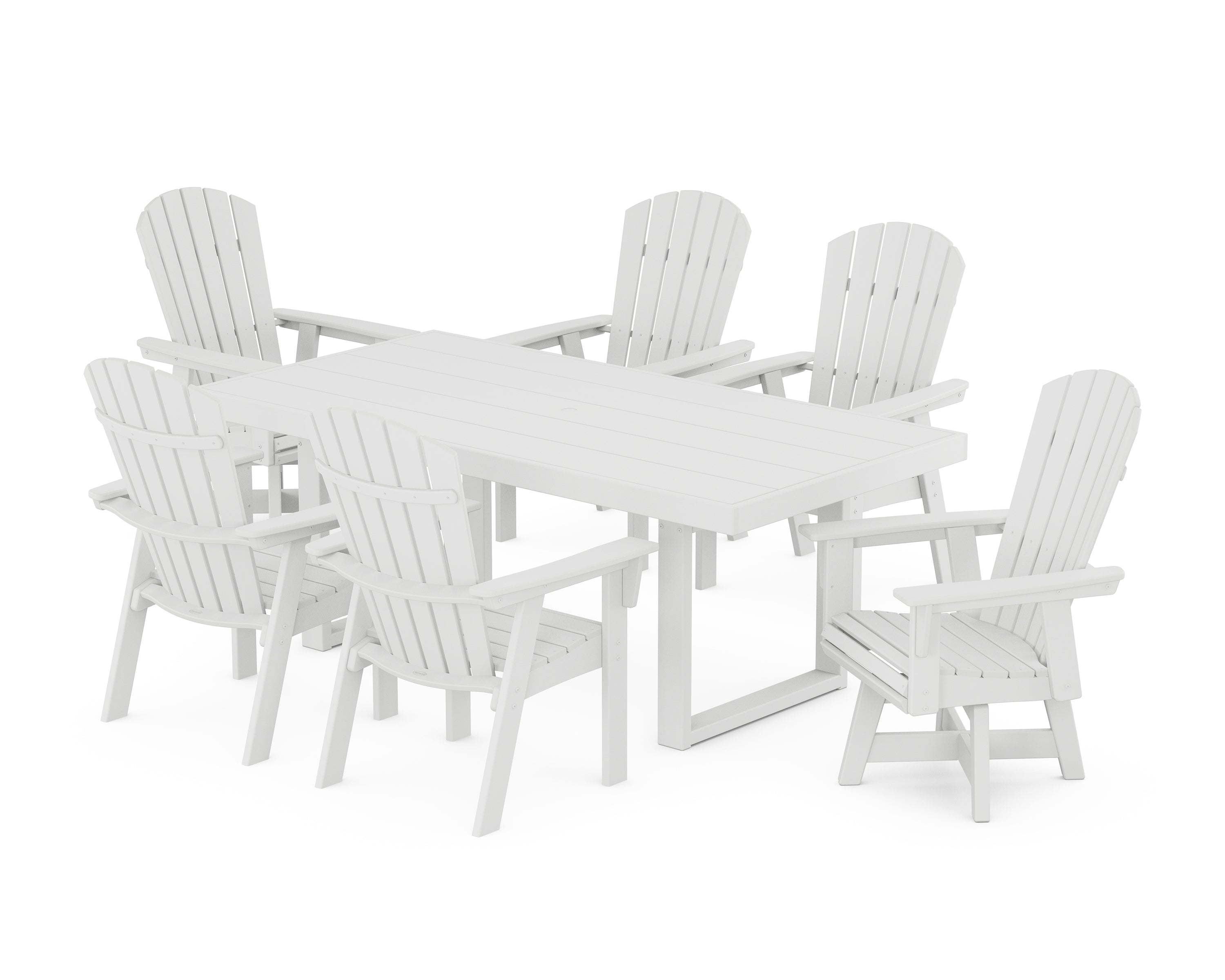 POLYWOOD® Nautical Curveback Adirondack Swivel Chair 7-Piece Dining Set in White