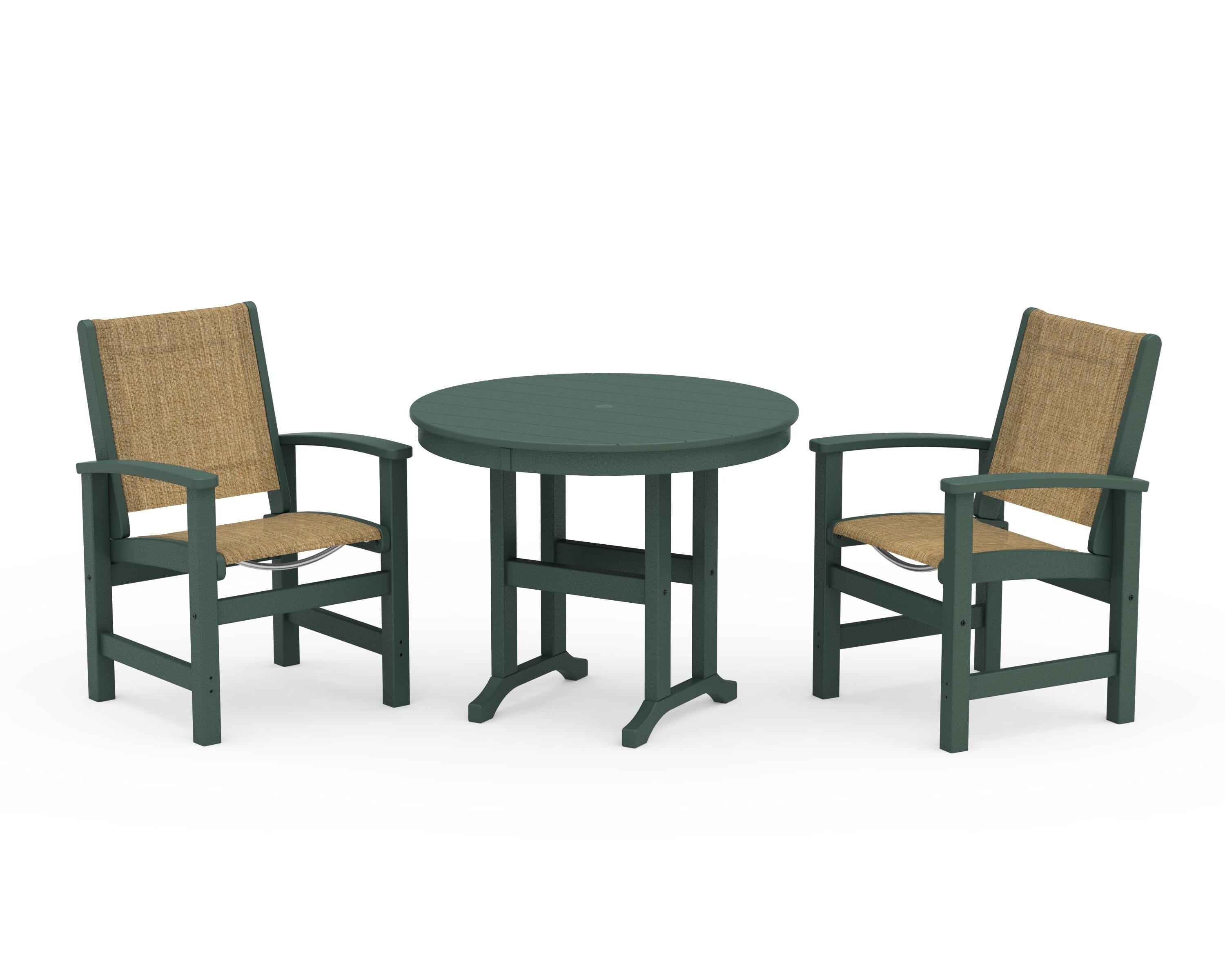 POLYWOOD Coastal 3-Piece Round Dining Set in Green / Burlap Sling