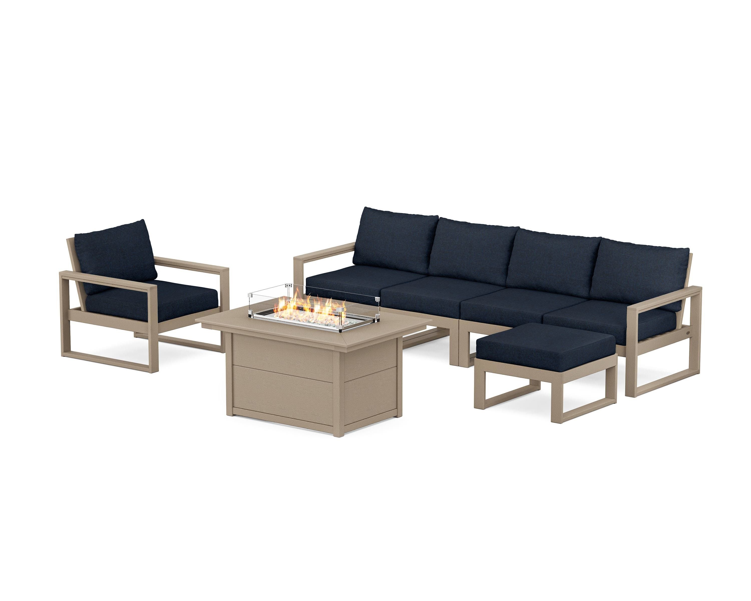 POLYWOOD EDGE Sectional Lounge and Fire Pit Set in Vintage Sahara / Marine Indigo