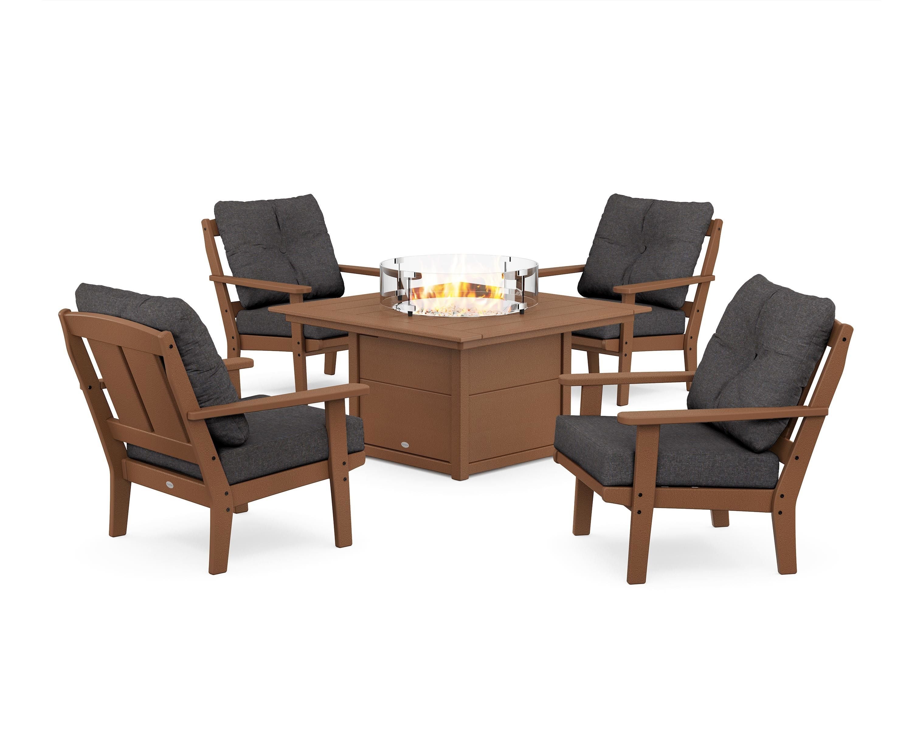 POLYWOOD Mission 5-Piece Deep Seating Set with Fire Pit Table in Teak / Ash Charcoal