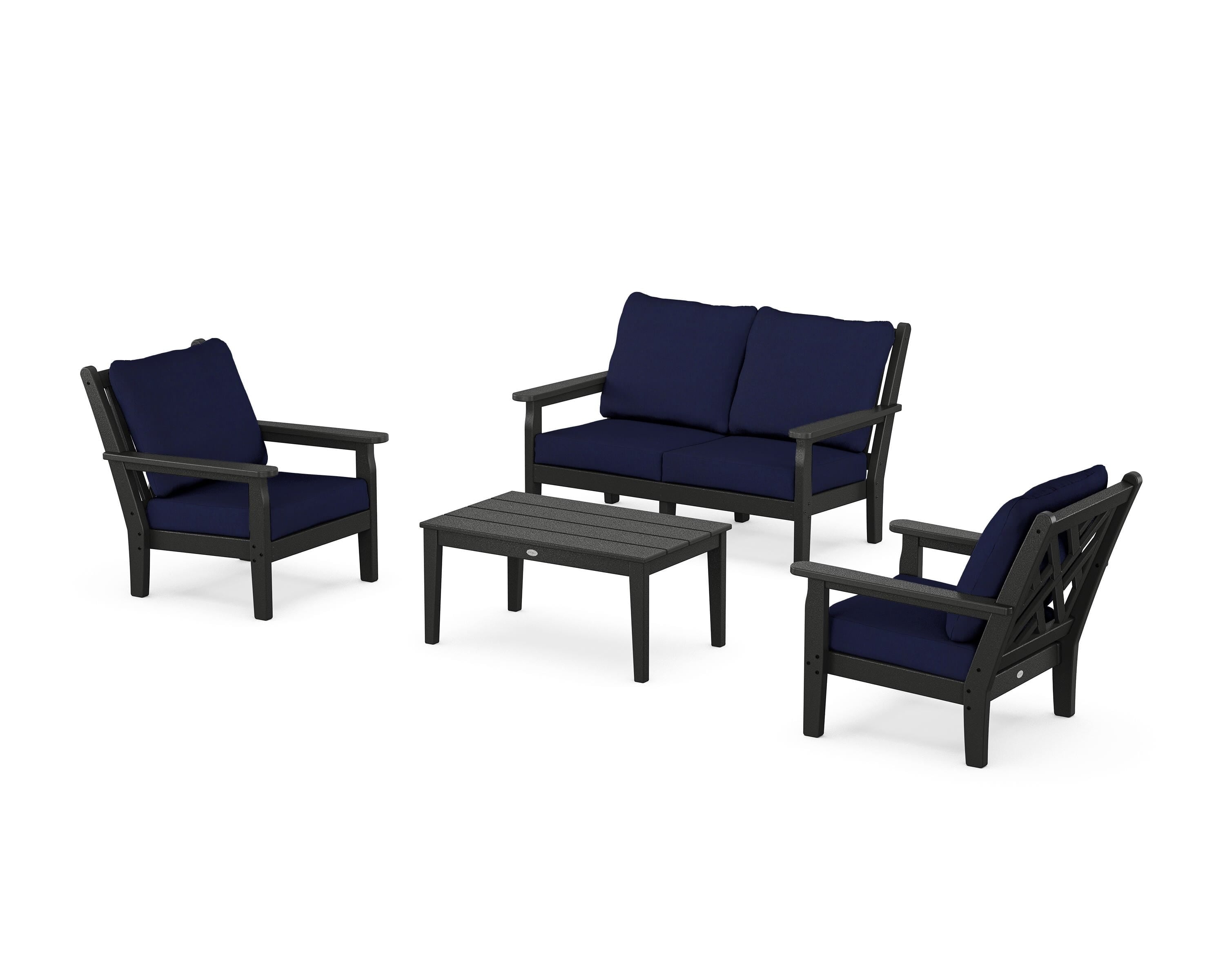 POLYWOOD Chippendale 4-Piece Deep Seating Set with Loveseat in Black / Navy