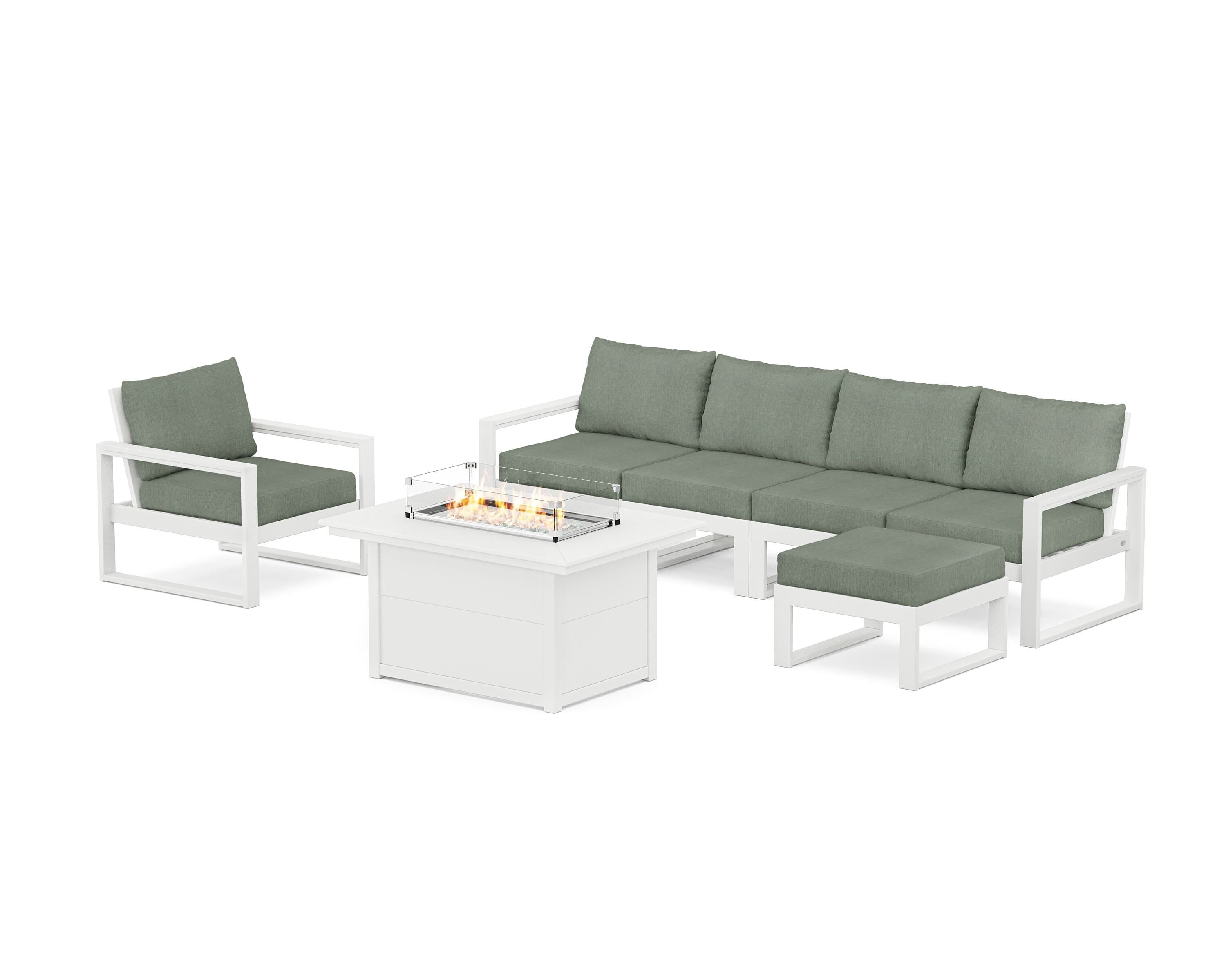 POLYWOOD EDGE Sectional Lounge and Fire Pit Set in White / Cast Sage