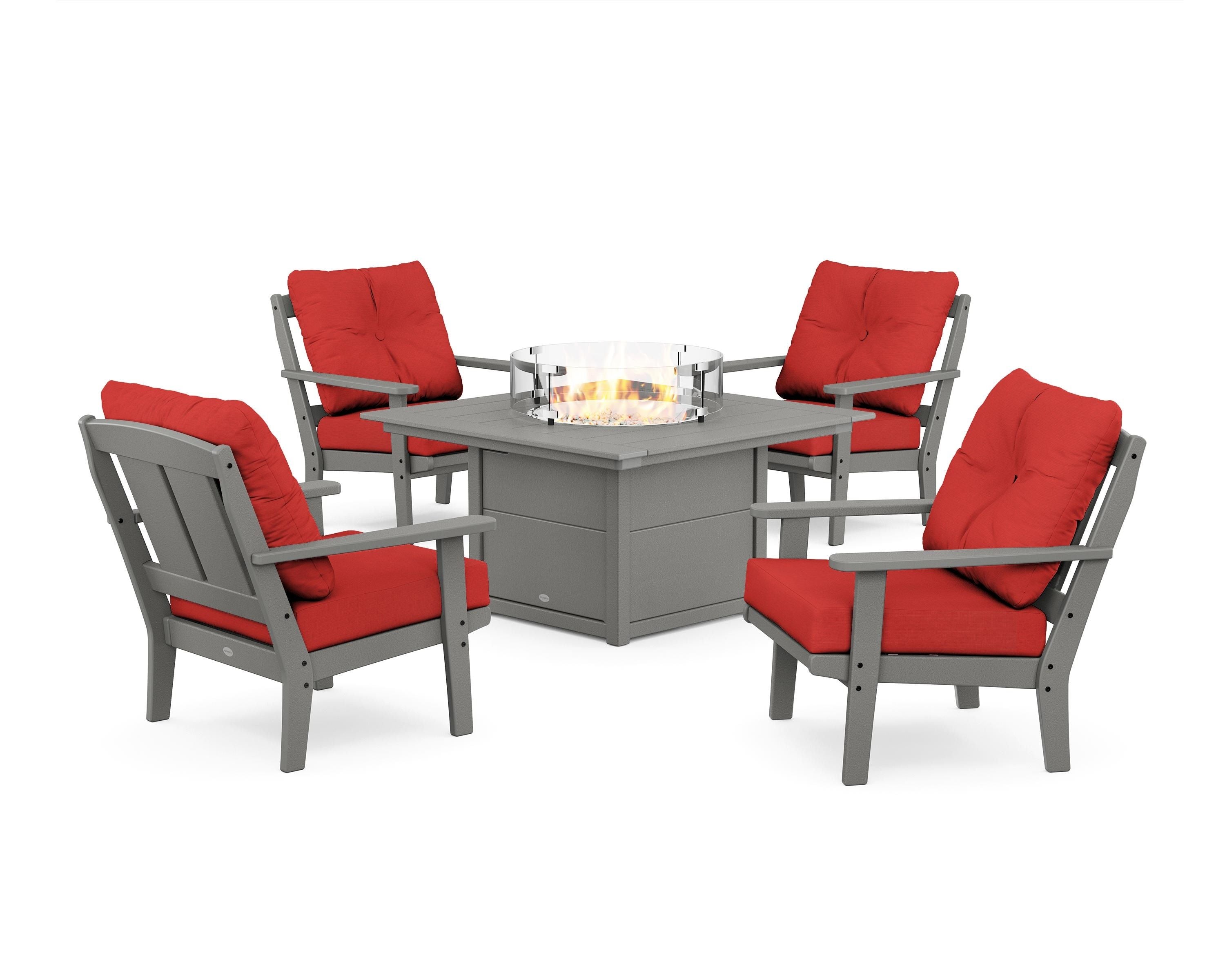 POLYWOOD Mission 5-Piece Deep Seating Set with Fire Pit Table in Slate Grey / Crimson Linen