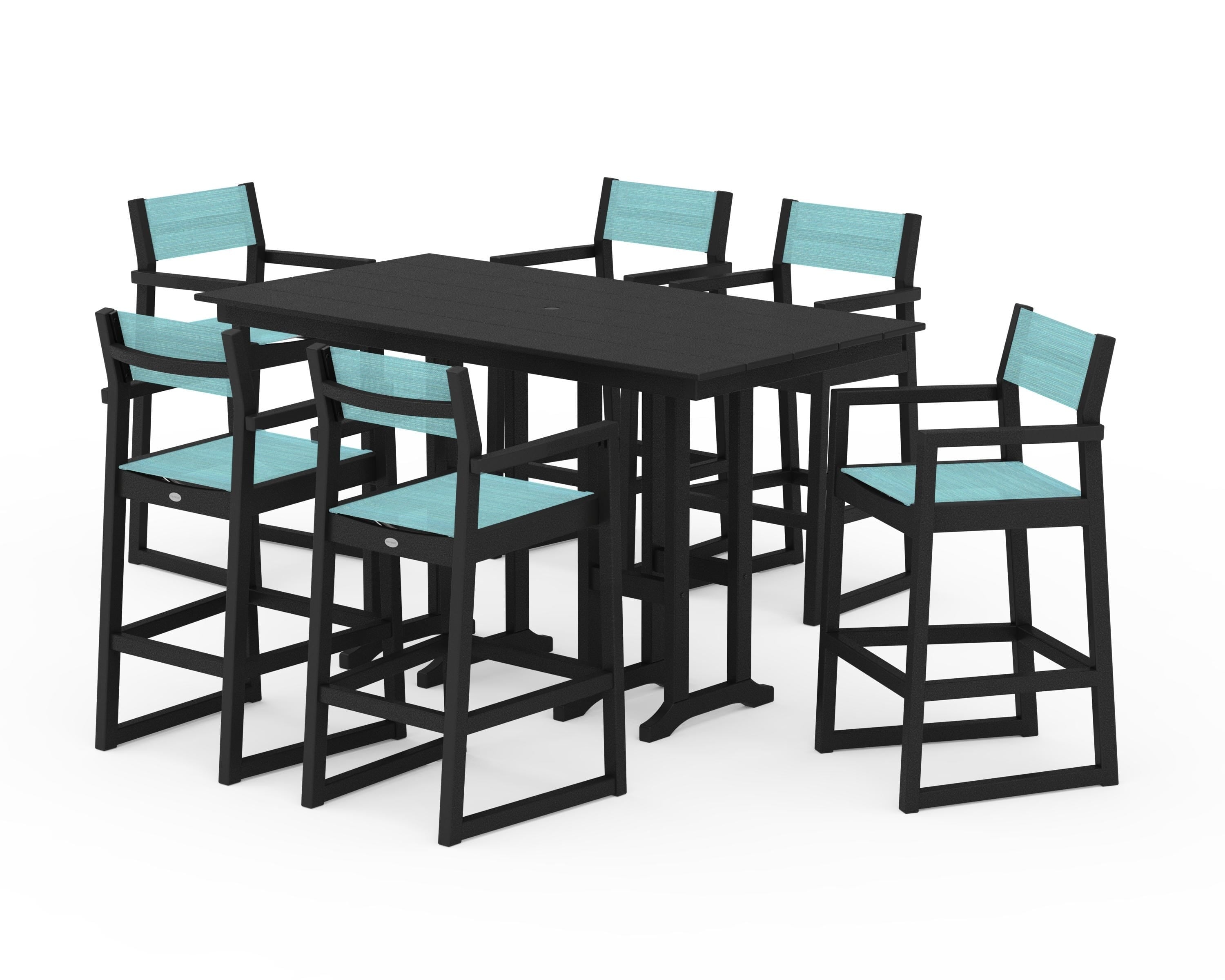 POLYWOOD EDGE Sling Arm Chair 7-Piece Farmhouse Bar Set in Black / Dupioni Aquamarine Sling