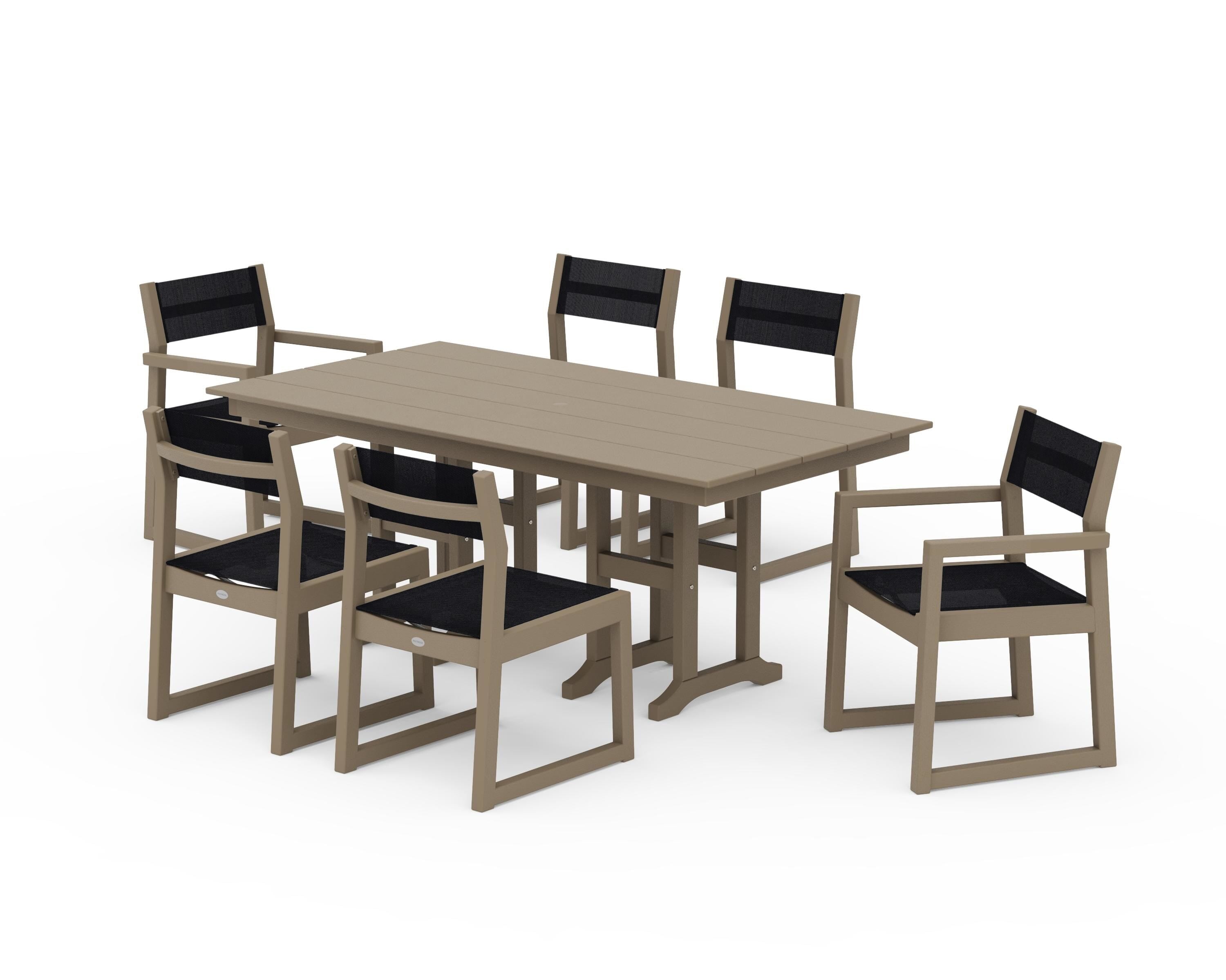 POLYWOOD EDGE Sling 7-Piece Farmhouse Dining Set in Vintage Sahara / Black Sling