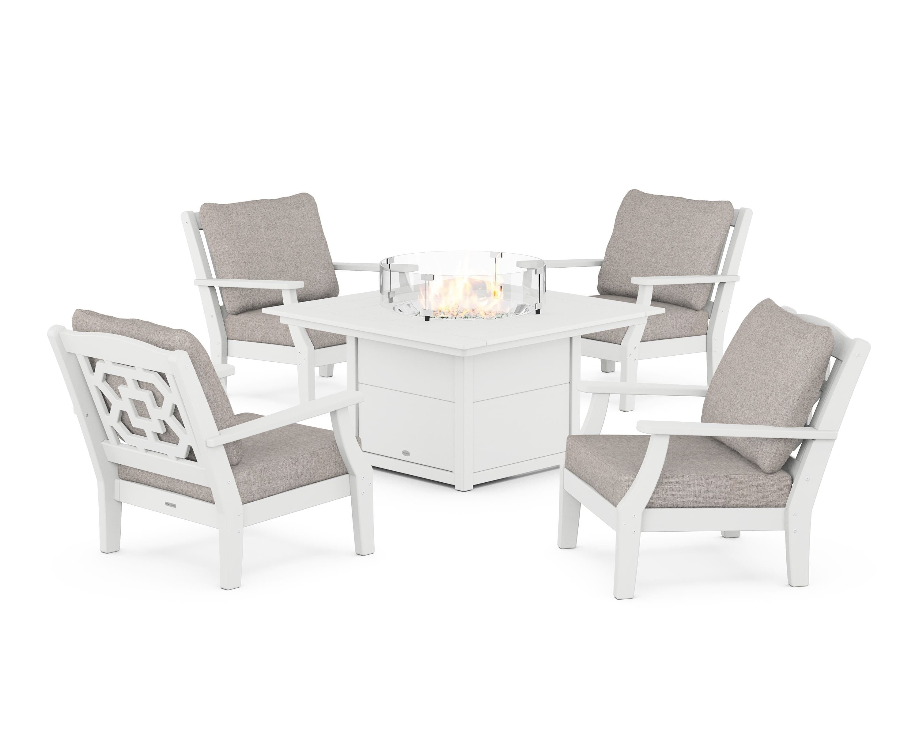 Martha Stewart by POLYWOOD Chinoiserie 5-Piece Deep Seating Set with Fire Pit Table in White / Weathered Tweed