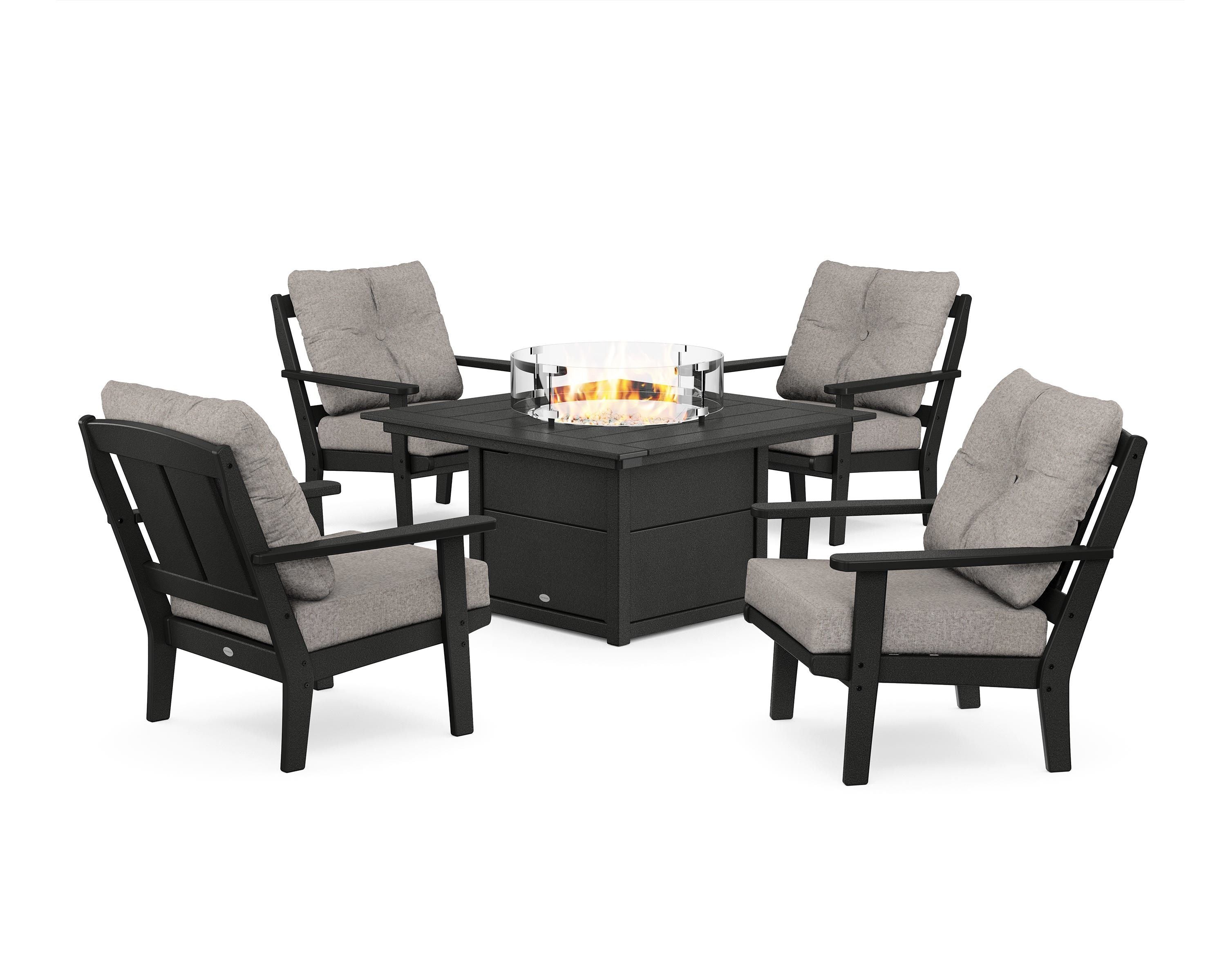 POLYWOOD Mission 5-Piece Deep Seating Set with Fire Pit Table in Black / Weathered Tweed