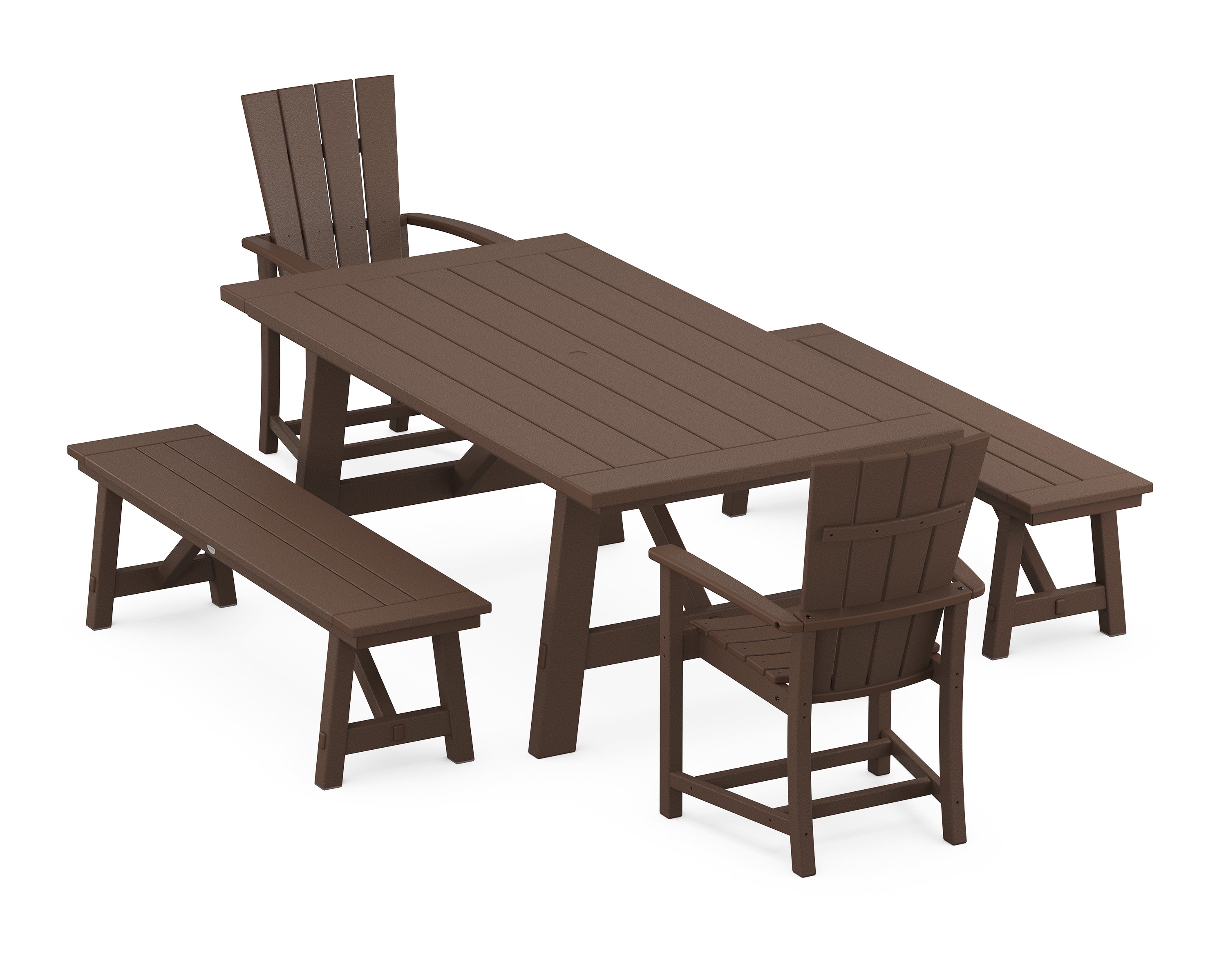 POLYWOOD® Quattro 5-Piece Rustic Farmhouse Dining Set With Benches in Mahogany