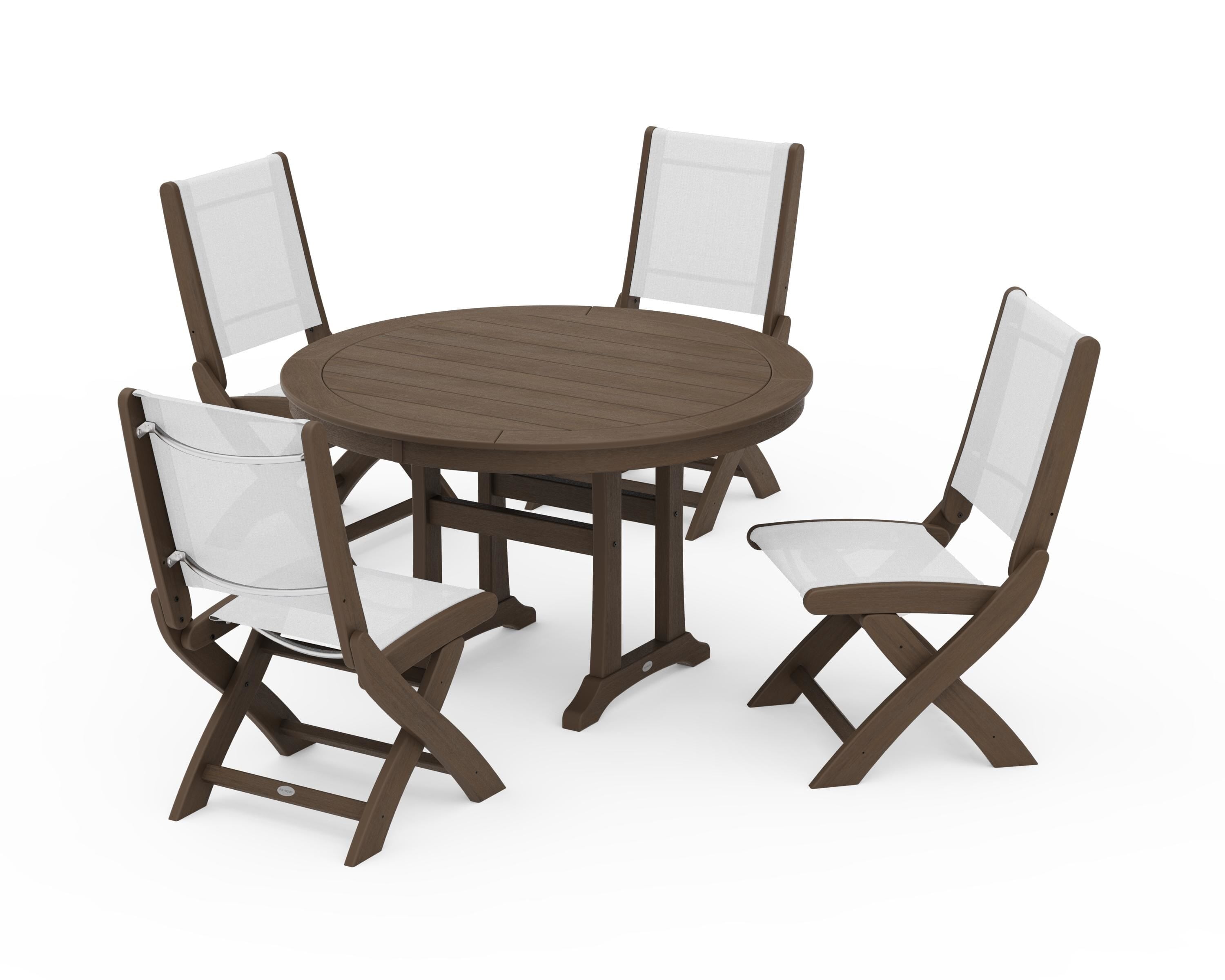 POLYWOOD Coastal Folding Side Chair 5-Piece Round Dining Set With Trestle Legs in Kona / White Sling