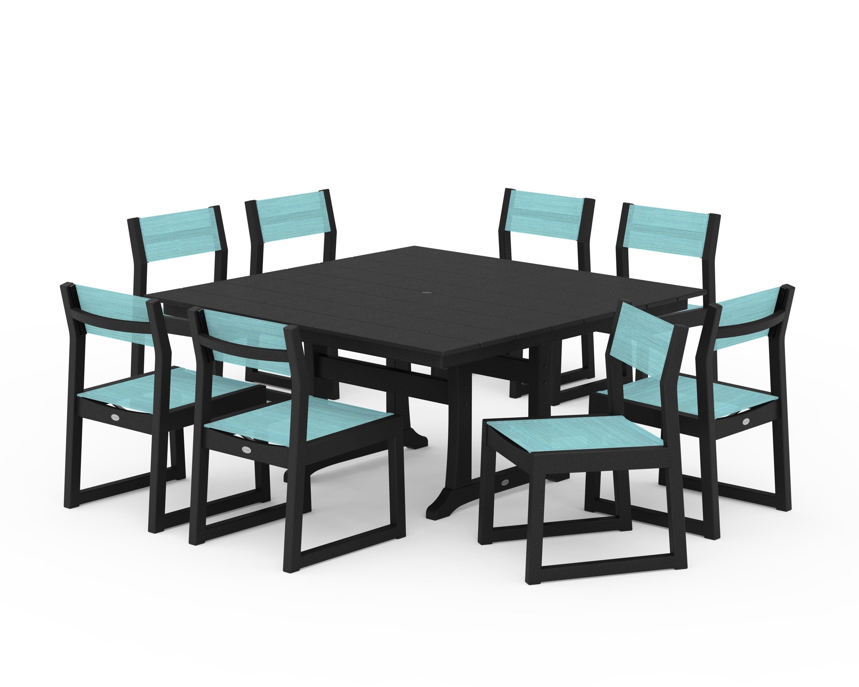 POLYWOOD EDGE Sling Side Chair 9-Piece Farmhouse Trestle Dining Set in Black / Dupioni Aquamarine Sling