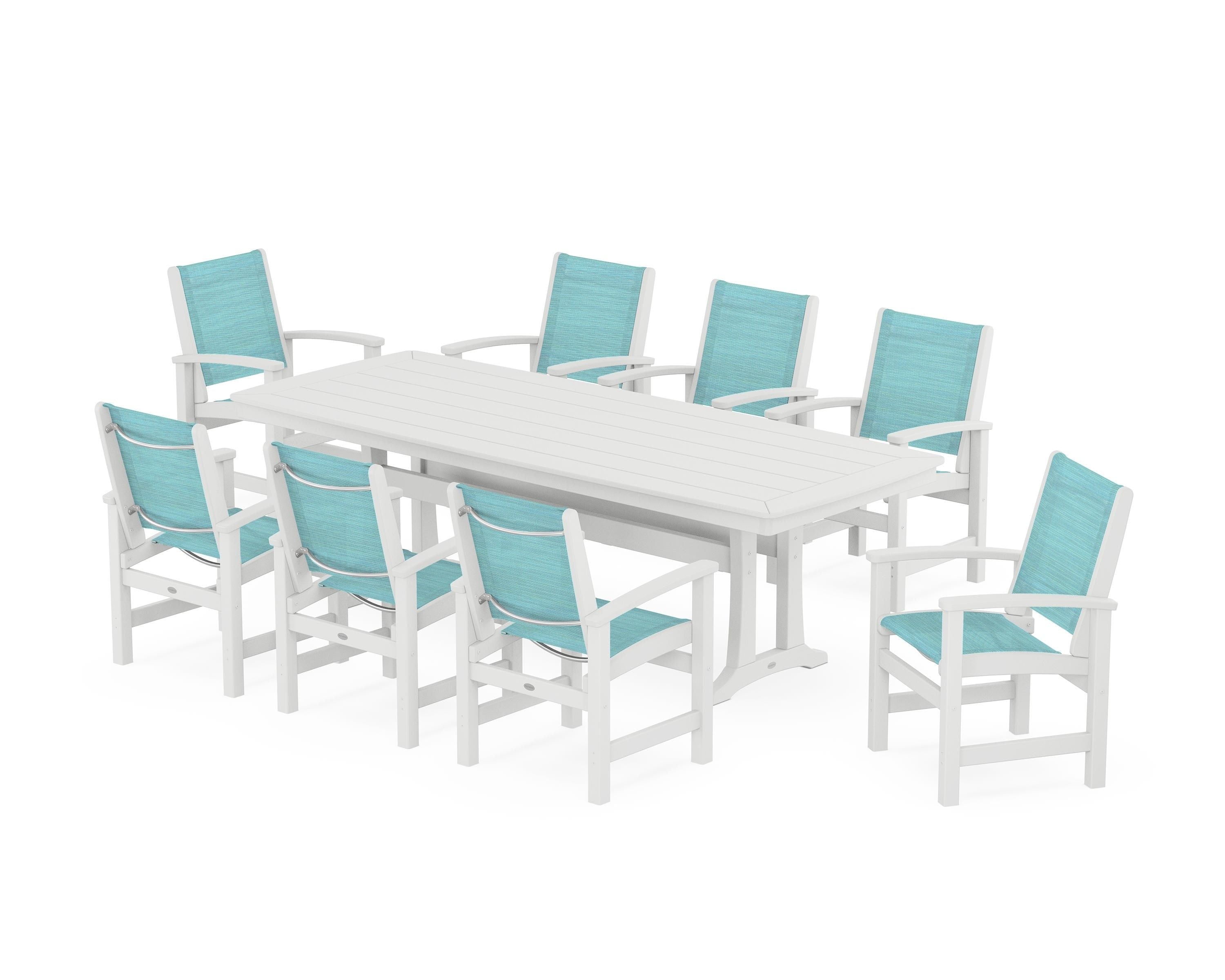 POLYWOOD Coastal 9-Piece Dining Set with Trestle Legs in White / Dupioni Aquamarine Sling