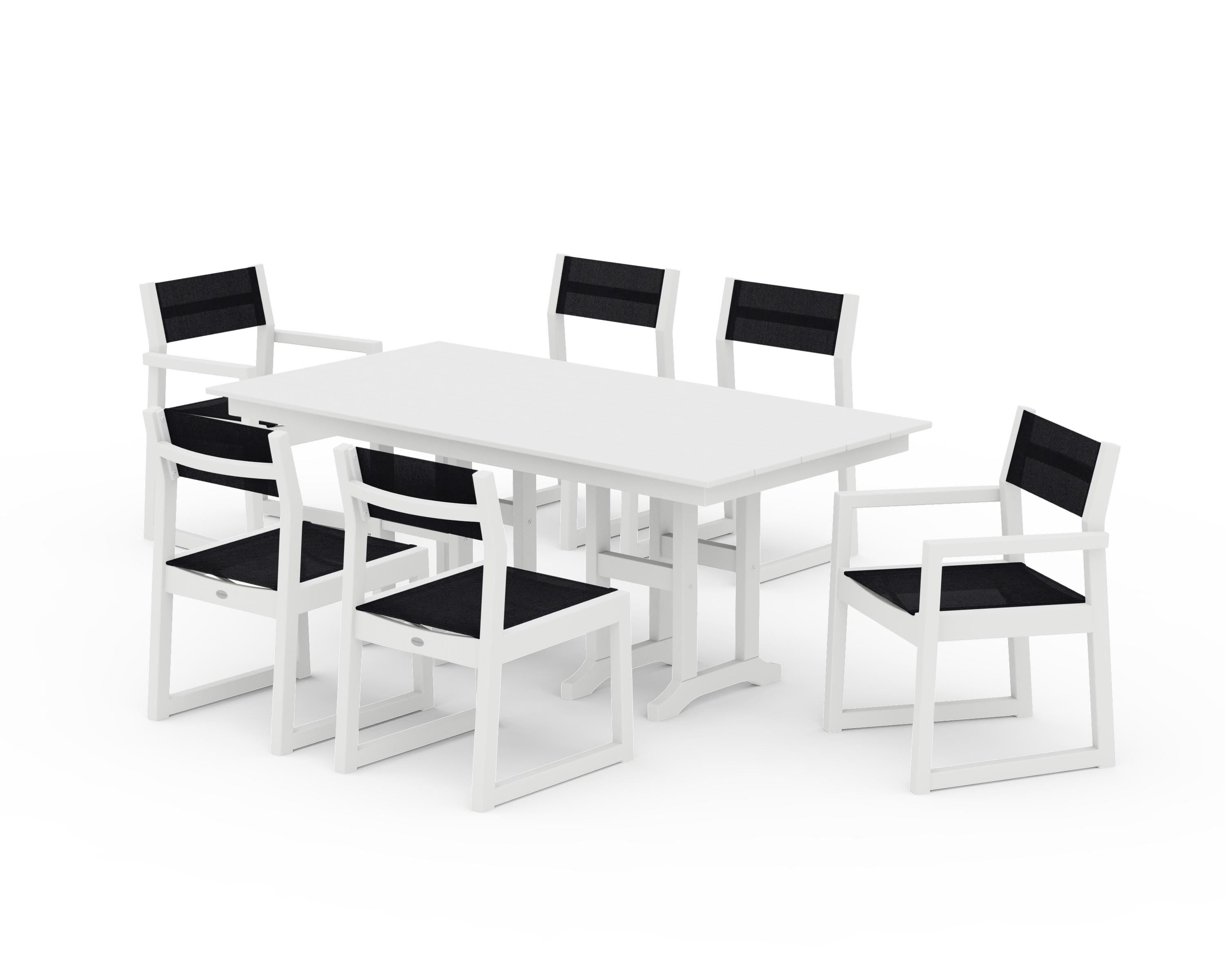 POLYWOOD EDGE Sling 7-Piece Farmhouse Dining Set in White / Black Sling