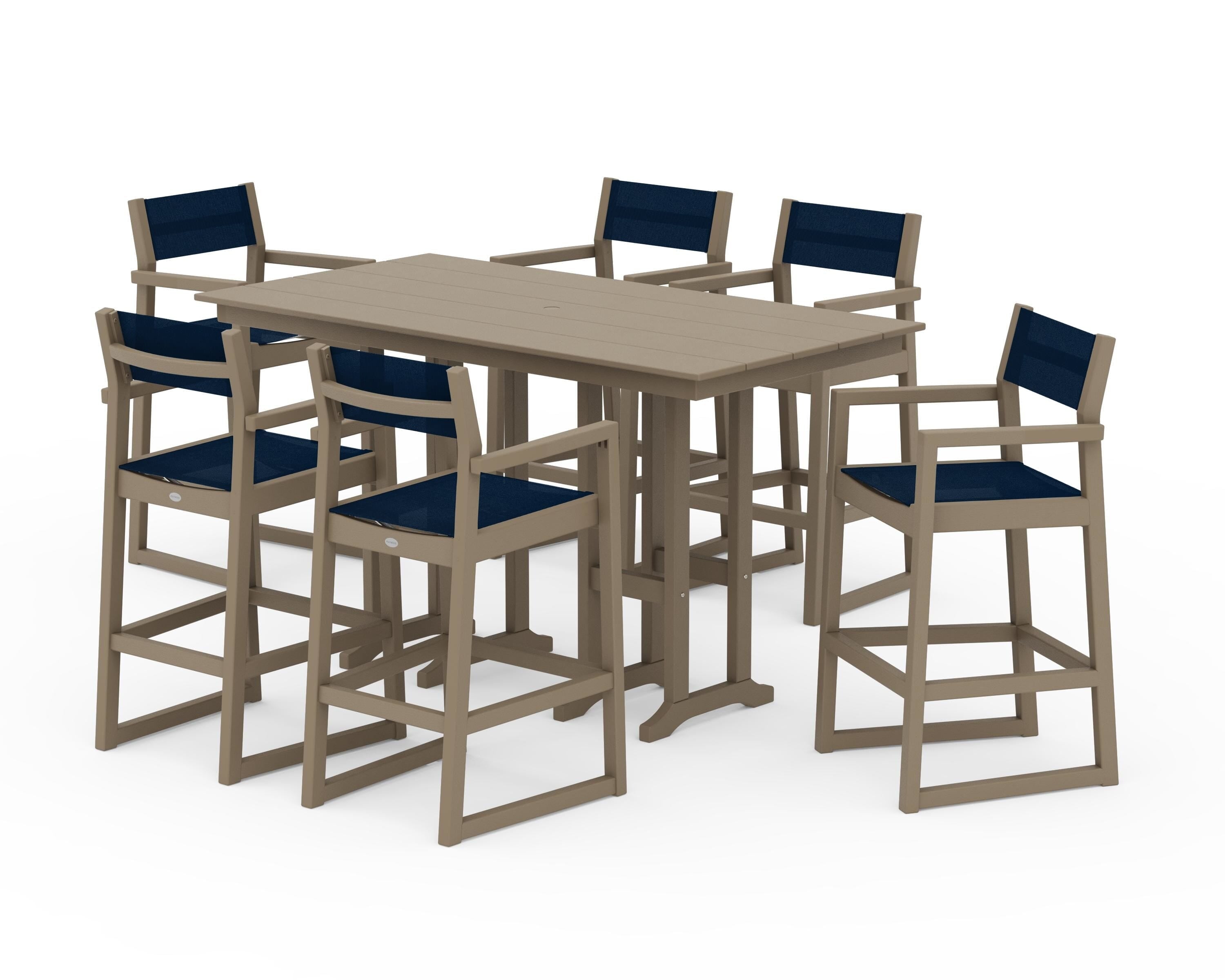 POLYWOOD EDGE Sling Arm Chair 7-Piece Farmhouse Bar Set in Vintage Sahara / Navy Blue Sling