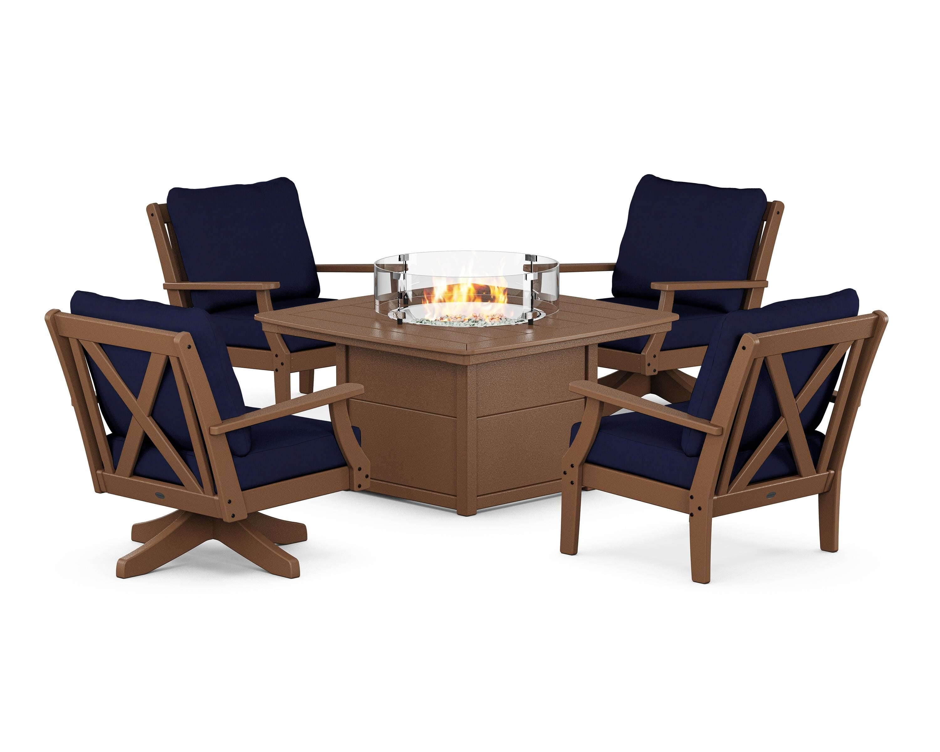 POLYWOOD Braxton 5-Piece Deep Seating Set with Fire Table in Teak / Navy