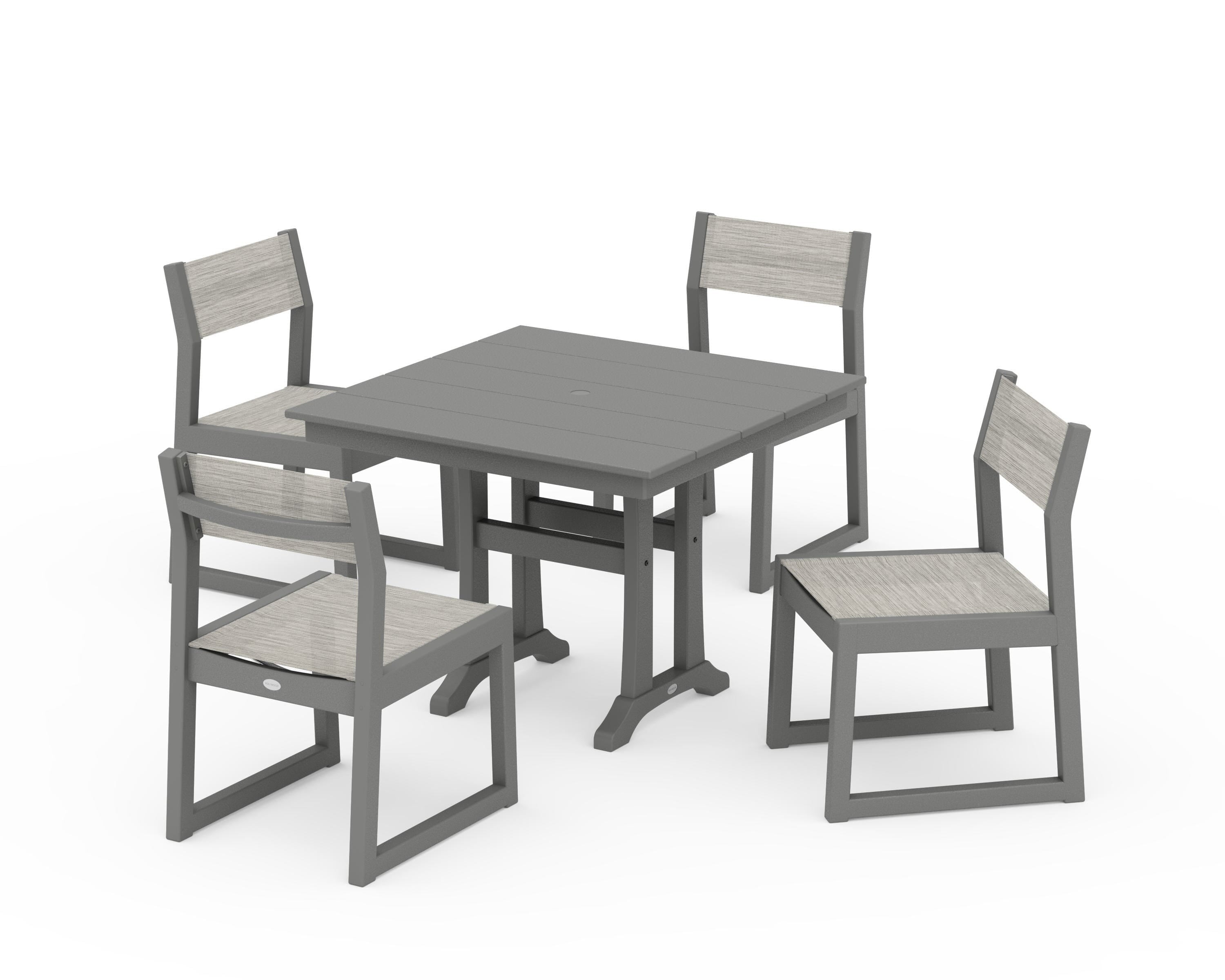 POLYWOOD EDGE Sling 5-Piece Farmhouse Trestle Side Chair Dining Set in Slate Grey / Birch Sling